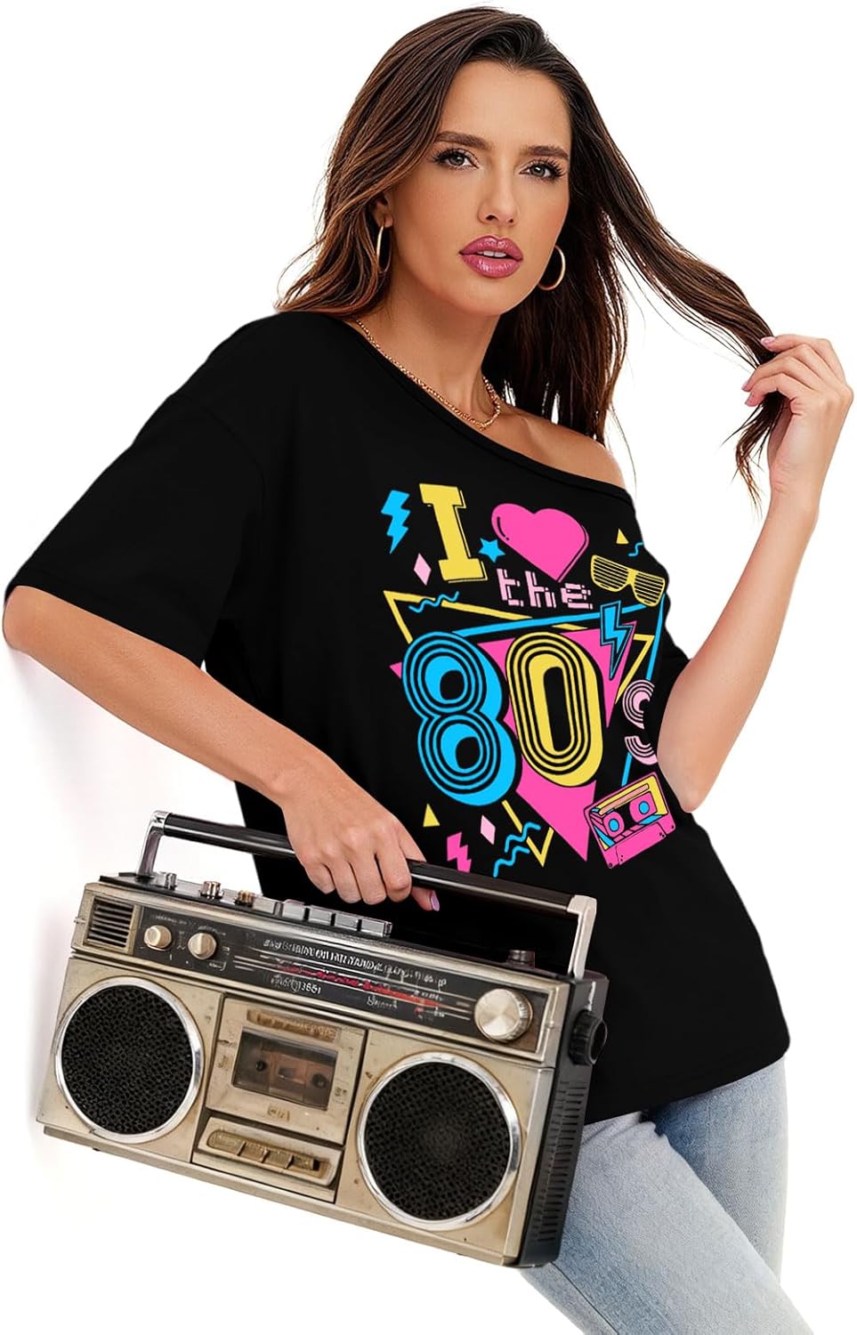 80s Shirts for Women Oversized Retro Off The Shoulder Top Disco 80s 90s Theme Party Outfit - Image 4