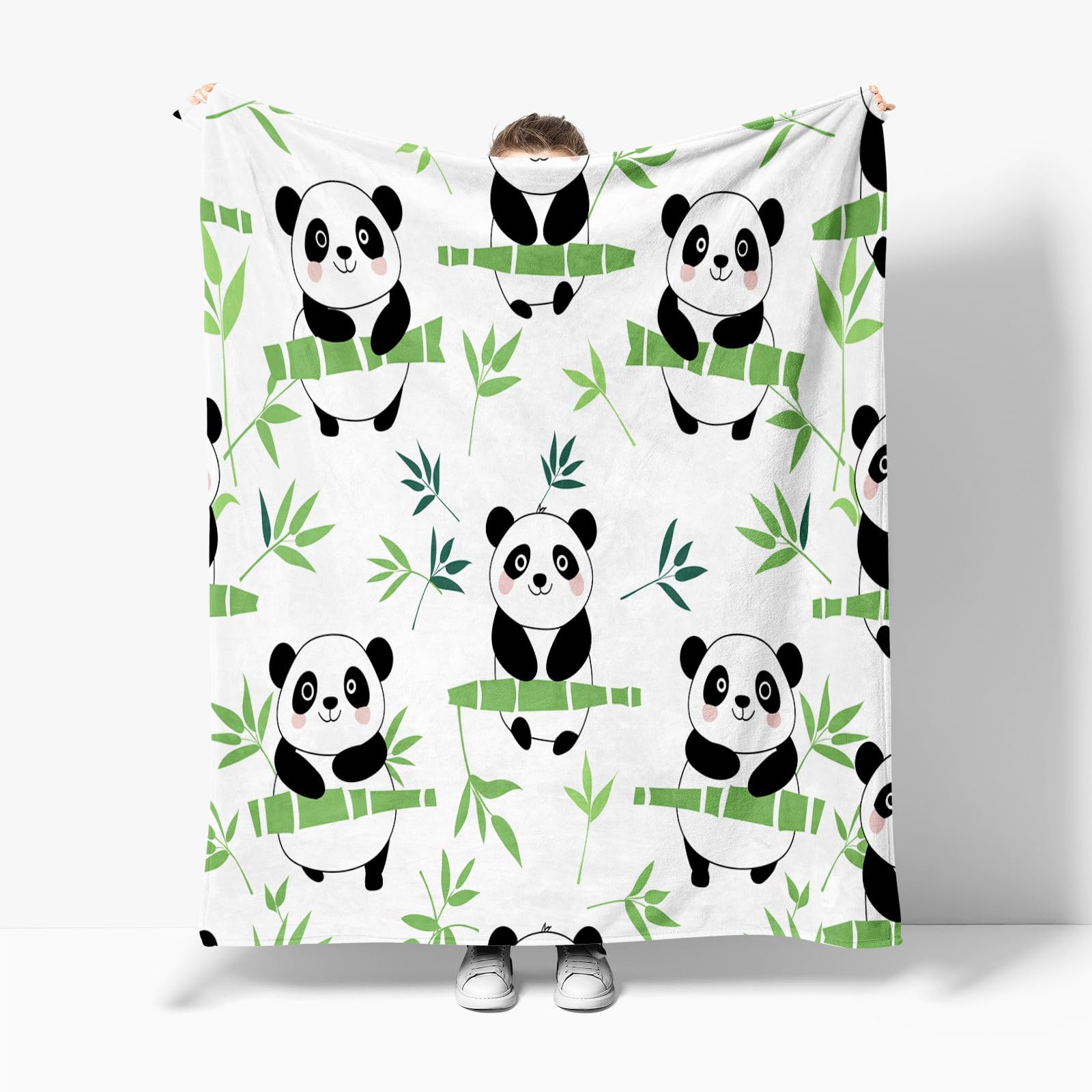 Plaid Couverture Polaire Dessin Animé Panda Géant Bambou Vert 220x240 cm Couverture Flanelle pour Lits Canapés, Couverture Sherpa Douce Et Chaude, Couverture Imprimée Enfants et Adultes