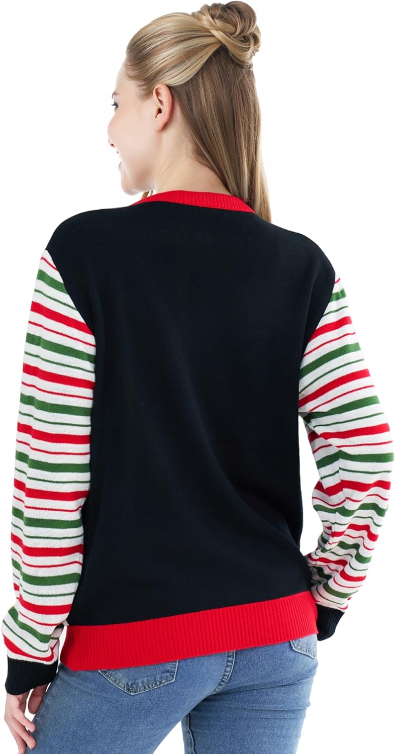 JOYIN Ugly Christmas Sweater Women Men Couples, LED Light Up Ugly Christmas Sweater Kids 2025 Striped Tree(Black) - Image 2