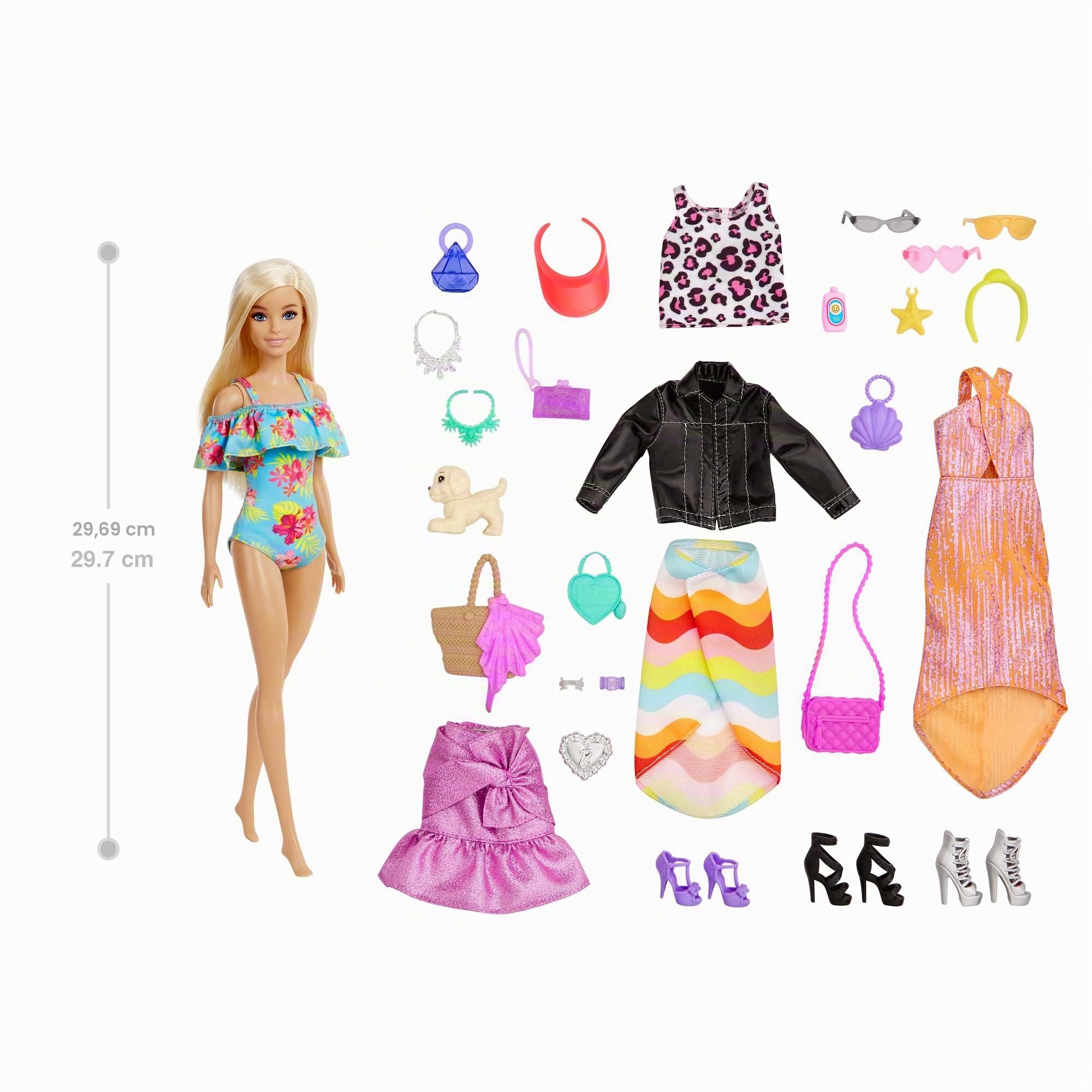 Barbie, Calendario dell'Avvento con bambola, 24 sorprese tra cui abbigliamento e accessori alla moda per il giorno e la notte, confezione a tema festivo per bambini dai 3 ai 7 anni, GXD64
