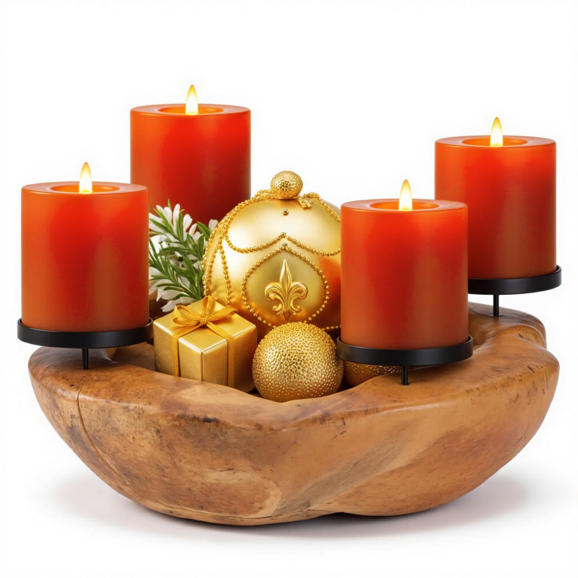 Homecall Adventskranz Modern Kerzenhalter Adventskranz Holz Mit 4 Kerzenpicks Adventsgesteck Schlüsselschale Adventskranz Teelichter Holzschale Ø Ca. 30 cm Teakschale (Ohne Kerzen und Dekorationen)