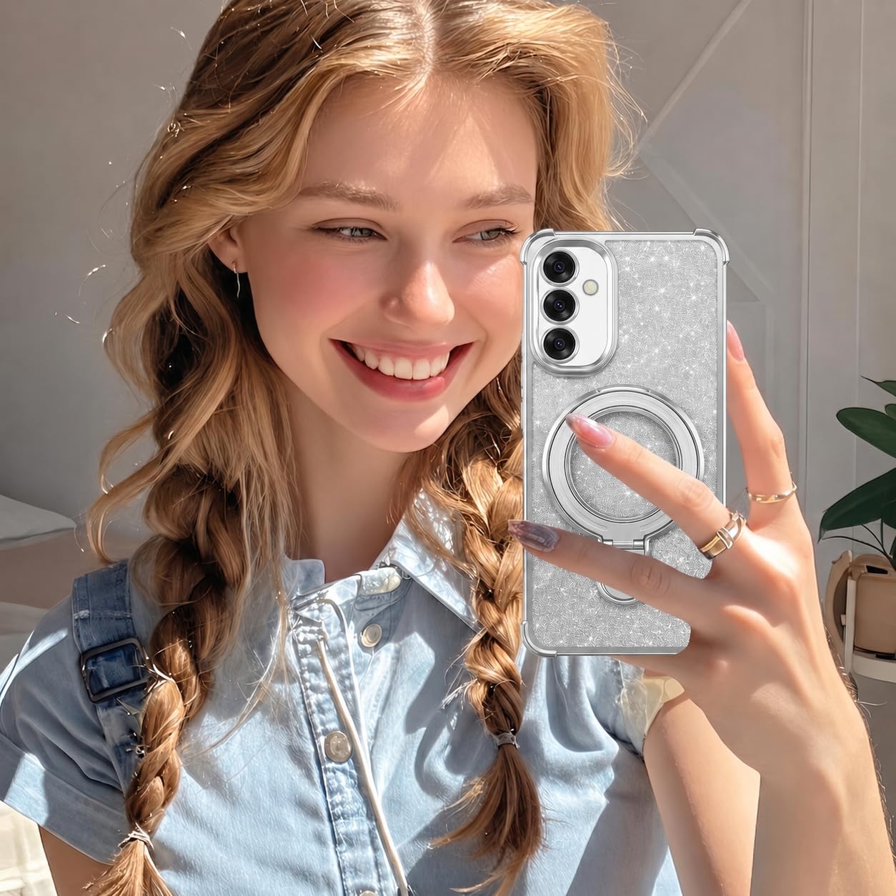 Mobigon Glitter Phone Case Compatible with Xiaomi Redmi Note 14 4G (Not 5G), Magnetic Ring Stand Shockproof Cover, Clear Soft TPU Bumper with Full Camera Protection - Silver