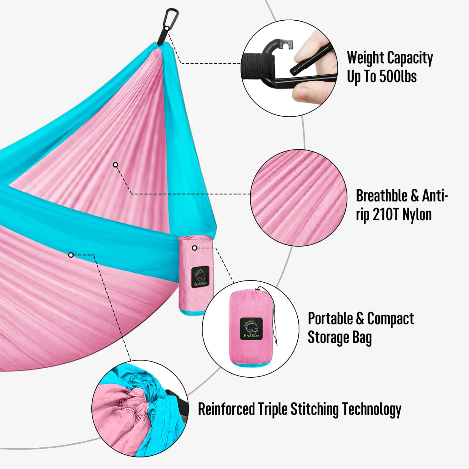 Grassman Camping Hammock Double & Single Portable Hammock with Tree Straps, Lightweight Nylon Parachute Hammocks Camping Accessories Gear for Indoor Outdoor Backpacking, Travel, Hiking, Beach