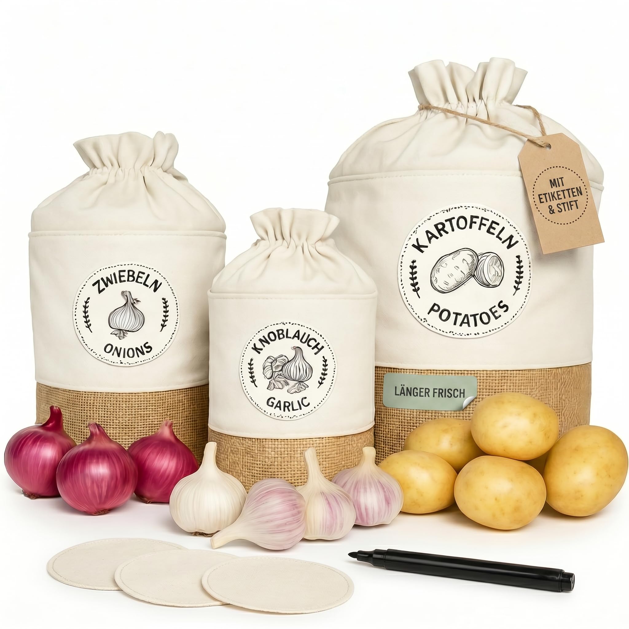 Valora® Kartoffel Aufbewahrungsbox 3er Set - Stoffbeutel für Kartoffeln, Zwiebel und Knoblauch Aufbewahrung - Längere Frische Zwiebeltopf, Kartoffelbox - Atmungsaktive und Nachhaltige Stoffbeutel
