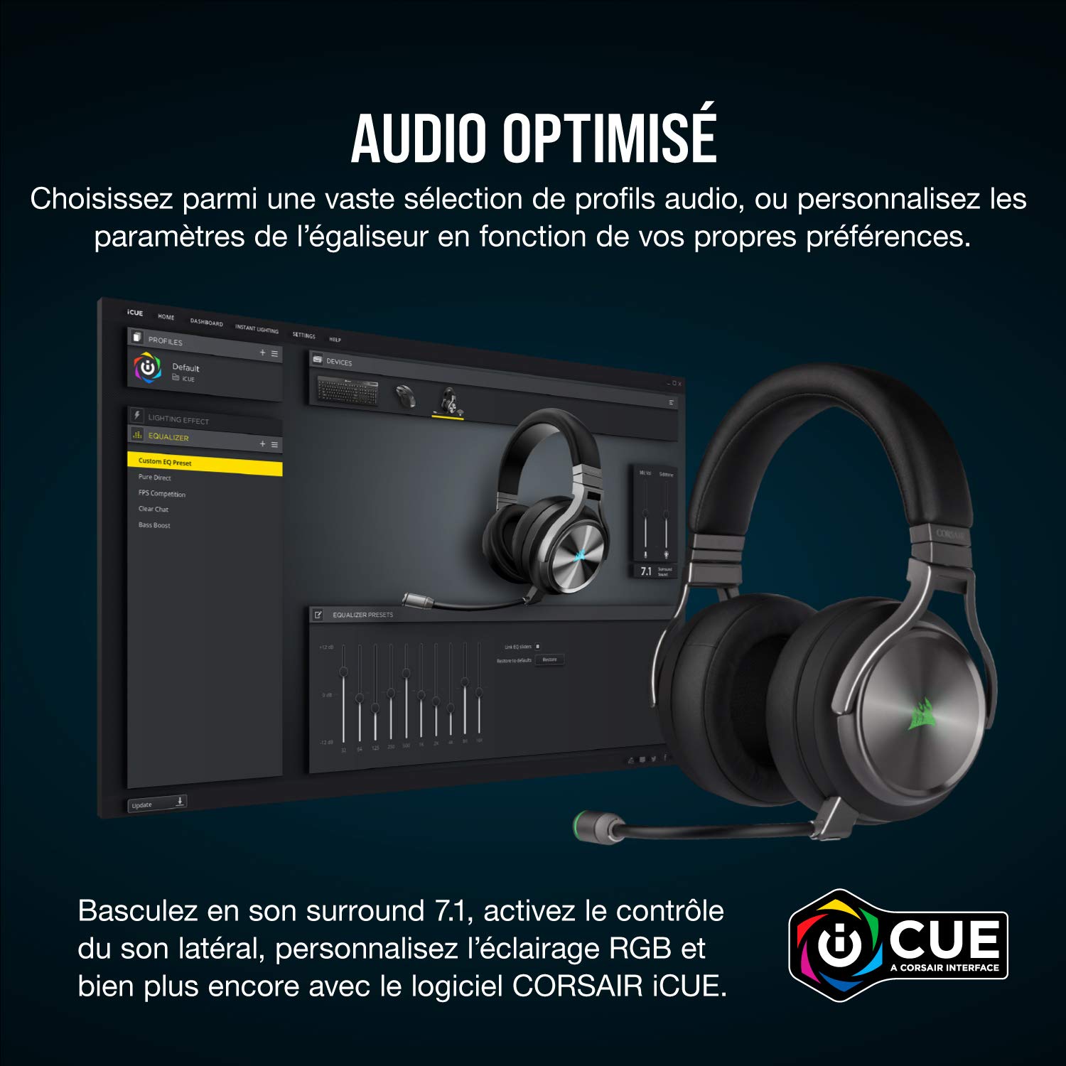 Casque Gaming Haute-Fidélité Corsair Virtuoso RGB Wireless SE, Gris Acier