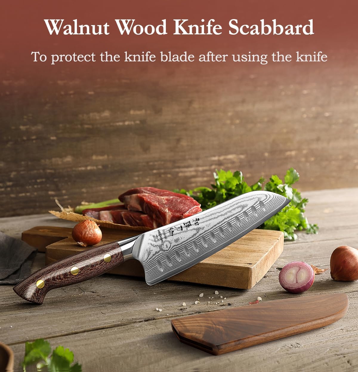 HEZHEN Santoku Knife with Wooden Sheath,7.3 Inches, 67 Layers Damascus Steel Kitchen Knife for Professional Chefs and Family, Micarta Handle,Gift Ready