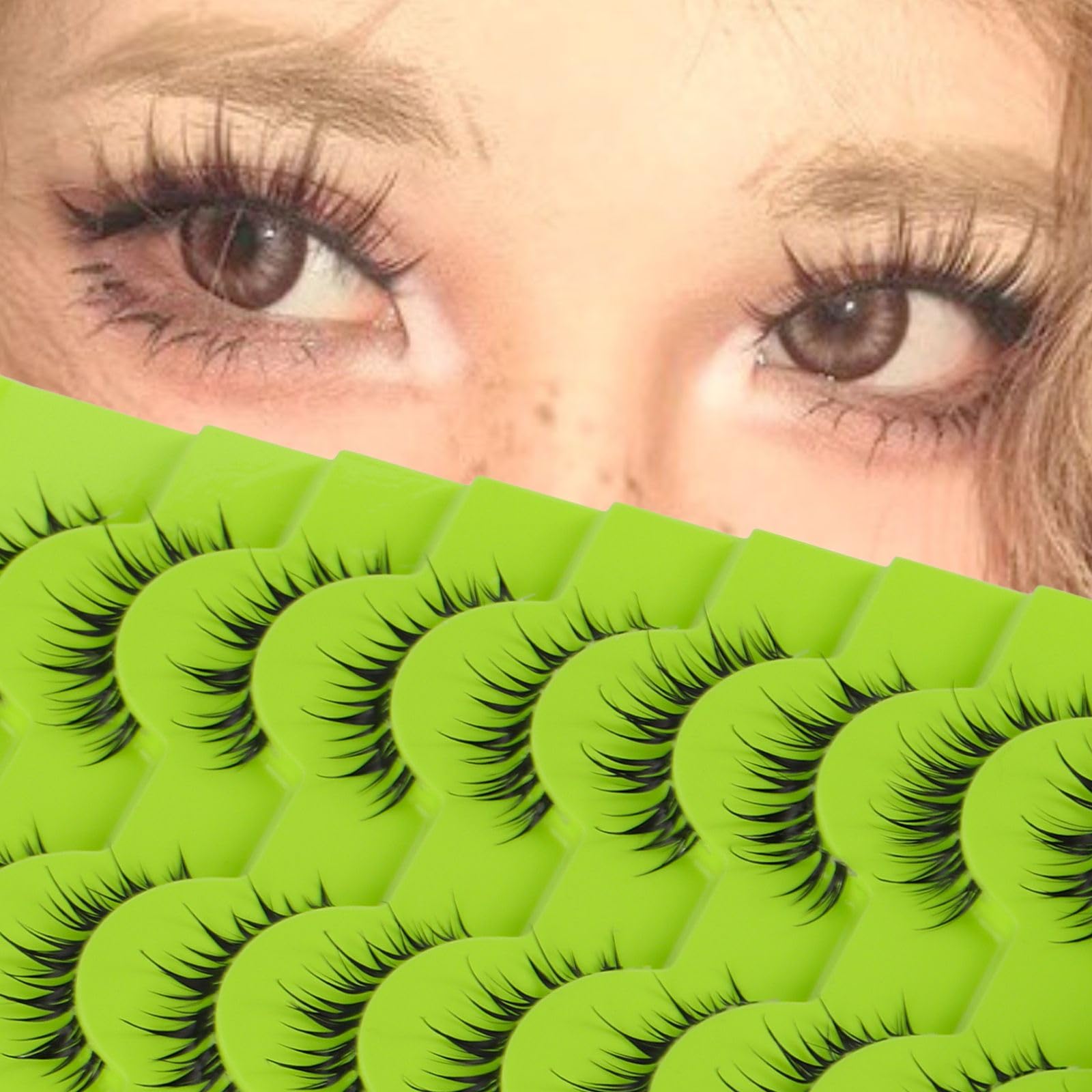 outopen 10 Pairs Manga Lashes Natural Look False Eyelashes Wispy Spiky Anime Lashes Korean Japanese Asian Style Cosplay Fake Eyelashes with Clear Band