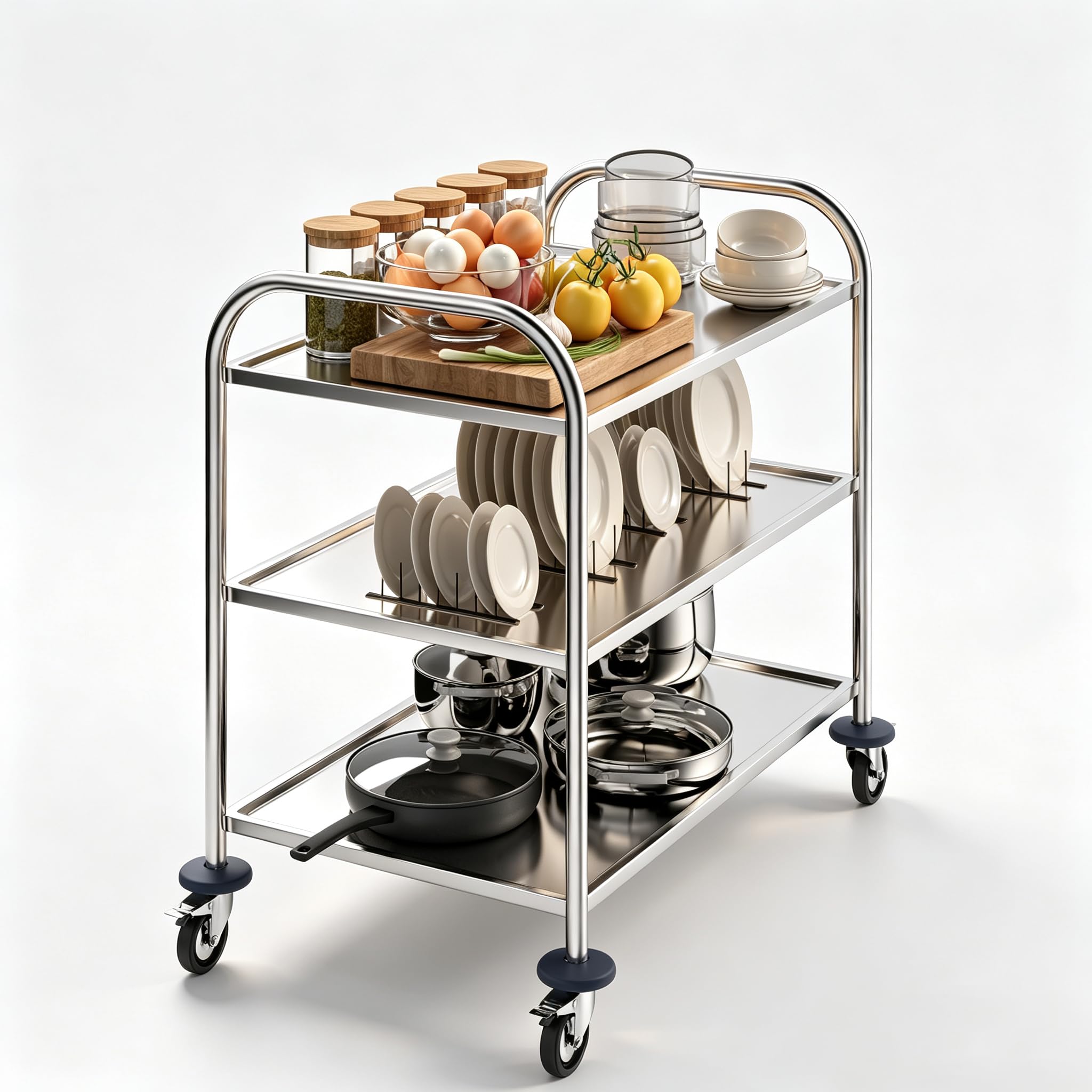 BPT Chariot de service en acier inoxydable sur roulettes avec poignée ronde, pour restaurants avec 4 roues de frein (3 étagères)