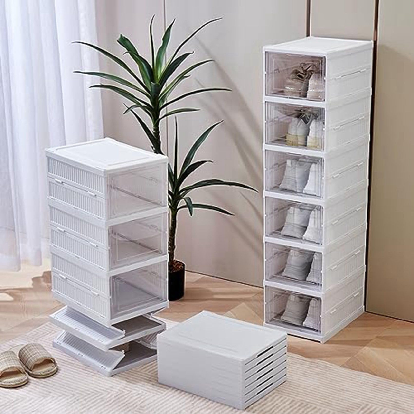 moonsun 2 scatole portaoggetti per scarpe, montaggio, pieghevole, con porta trasparente, salvaspazio, in plastica e trasparente