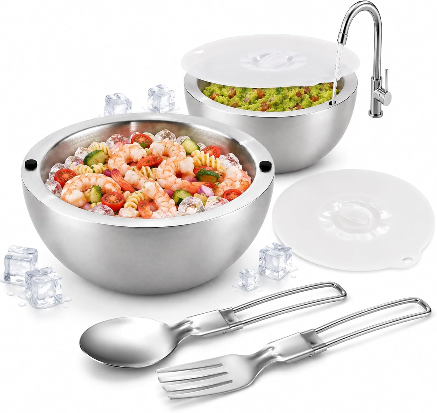 Chilled Serving Bowls with Silicone Lids, 18 oz & 35 oz Stainless Steel Dip Chiller Set to Keep Food Cold, Double Wall Freezer Bowls with Spoon and Fork for Parties, Salads and Seafood