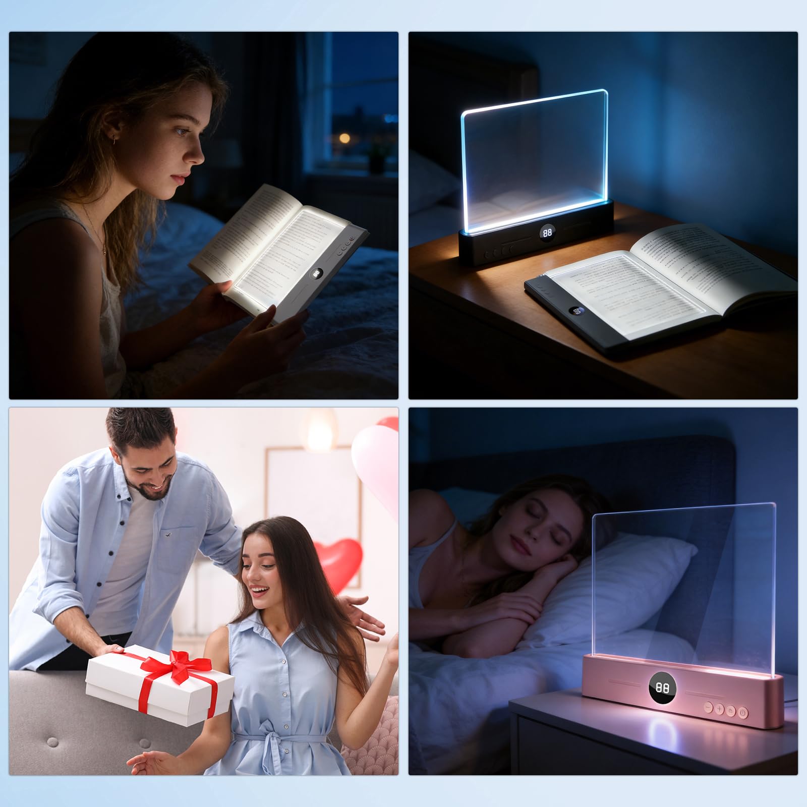 Transparente flache LED-Leselampe, wiederaufladbar, klar, Flachbild-Leselampe mit 3 Farbtemperaturen, dimmbar und Timer, volle Seitenbeleuchtung zum Lesen vor dem Schlafengehen, USB-C-Laden