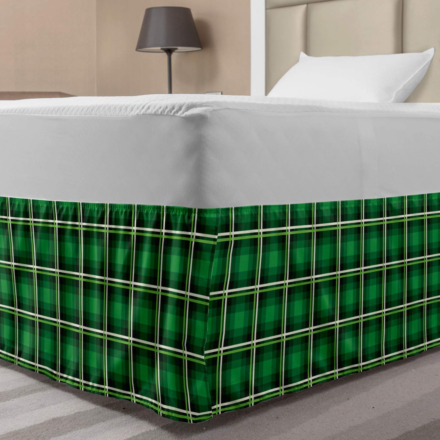 Lunarable Emerald Bed Skirt Geometrical Pattern with Vivid Color Scheme Squares and Lines Tartan Style Design Elastic Bedskirt