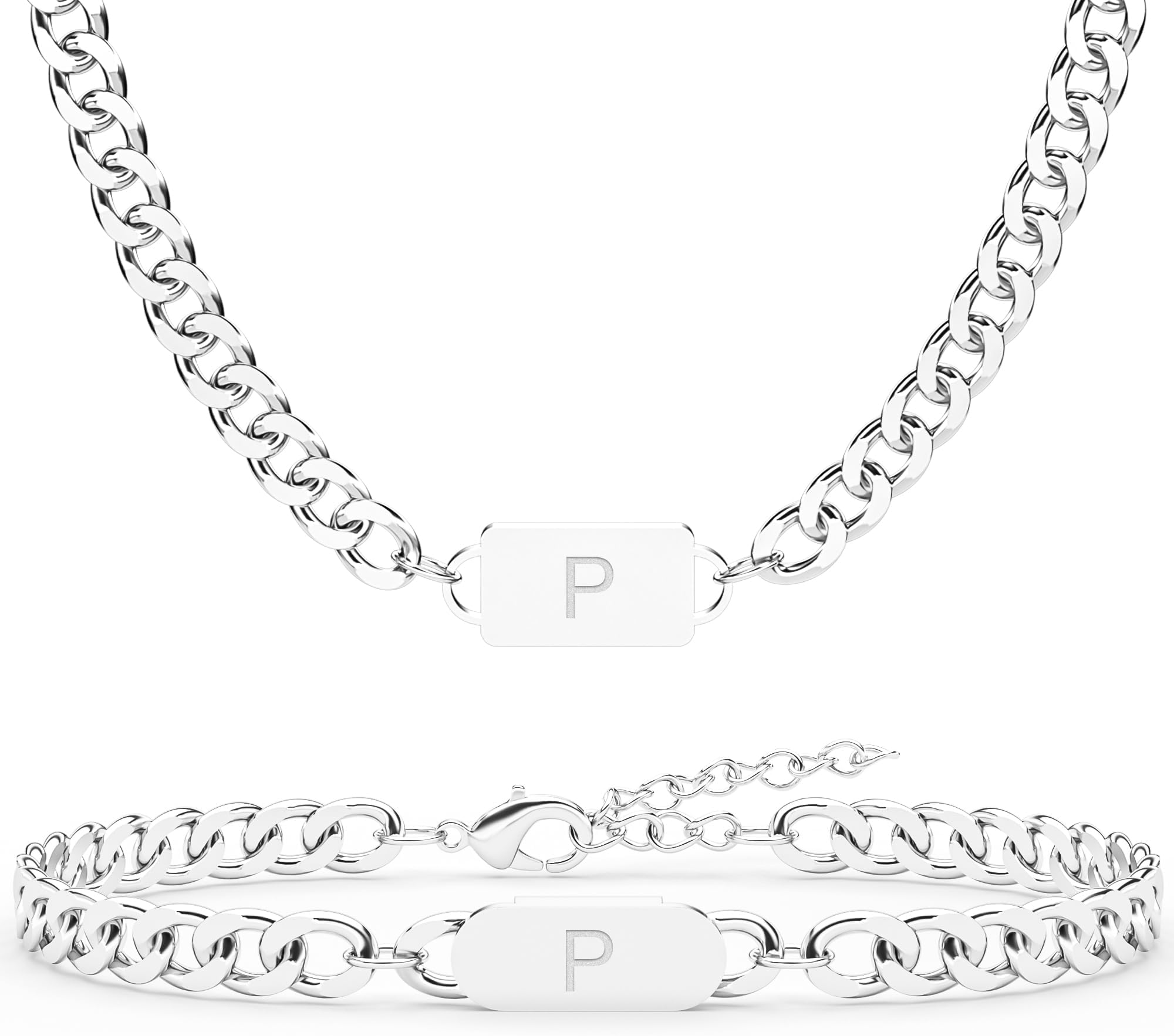 2PCS Initial Letter Cuban Necklace Bracelet, A-Z Letter Pendant Stainless Steel Silver Cuban Link Chain for Men Women Jewelry Set Valentines Day Birthday Christmas Gift for Him Her