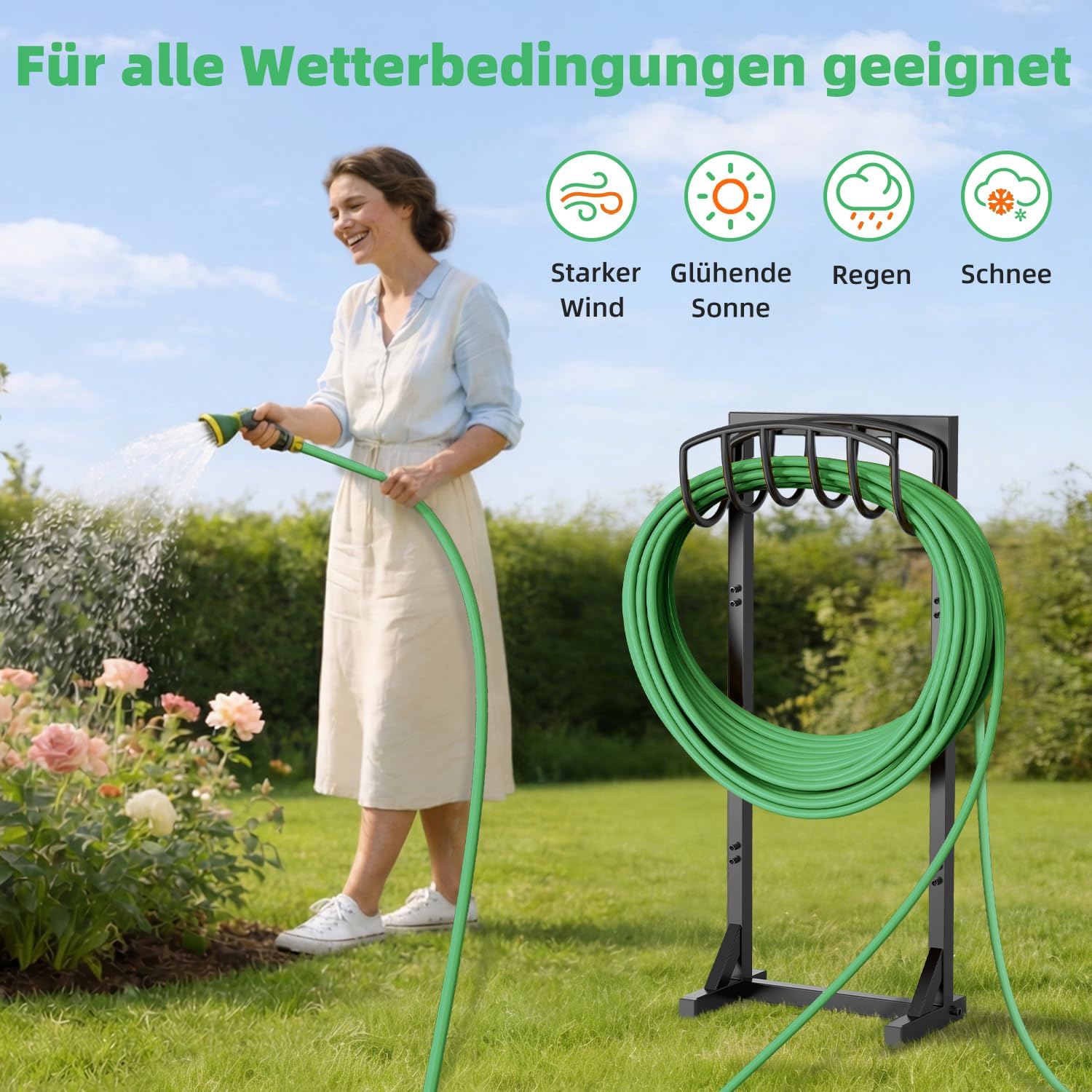 Gartenschlauchhalter Freistehend, 109,5 cm, strapazierfähiger, freistehender Wasserschlauchhalter mit 4 Spießen, Gartenschlauchhalter für bis zu 45 m Schlauch, für Garten, Rasen, Terrasse