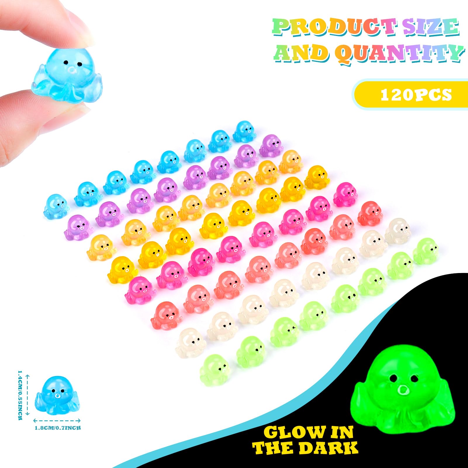 libfrnt 120 Pcs Luminous Mini Resin Octopus Figurines Tiny Octopus Glow in The Dark Cute Octopus Miniature Ornament Charms for Aquarium Dollhouse Garden Landscape Room DIY Crafts(8 Colors)