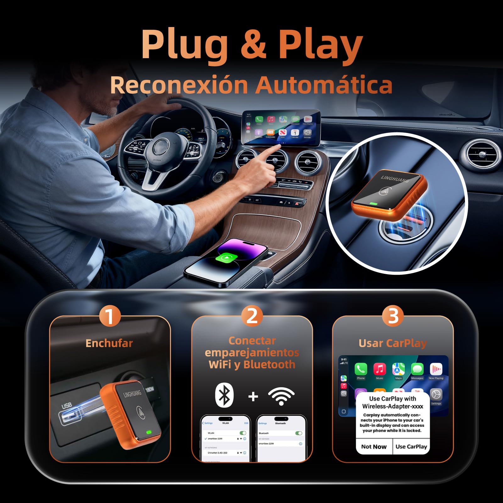 LINGHUANG Adaptador Carplay Inalambrico & Adaptador Android Auto Inalambrico, Convierte de Cableado a Inalámbrico, Plug & Play, Conexión Rápida y Estable, Compatible con iOS 10+ & Android 11+(Naranja)