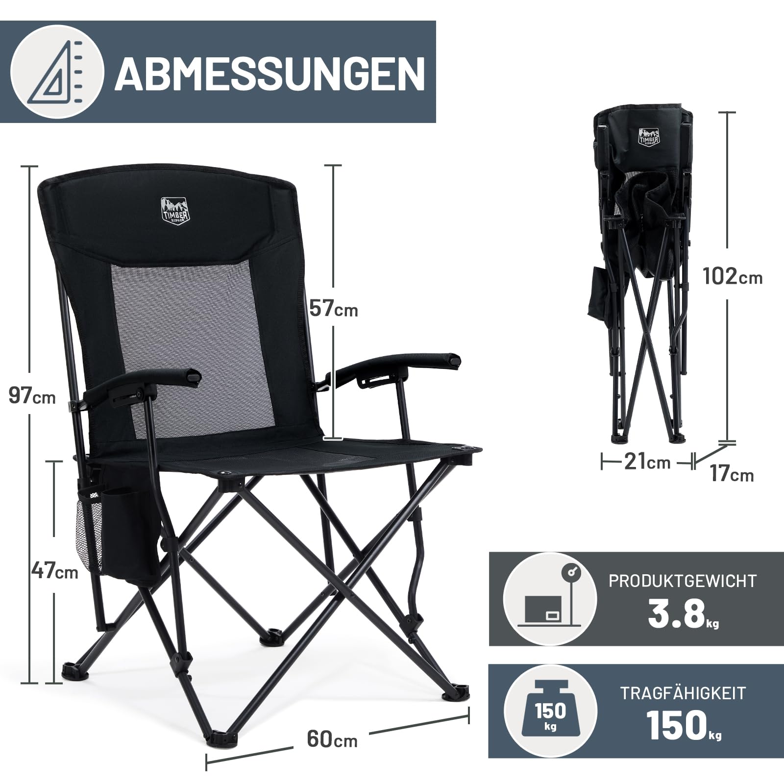 TIMBER RIDGE Campingstuhl Faltbar Leicht Klappstuhl 150 kg Belastbar mit Netzrücken Outdoor Bequem, Tragbar Strandstuhl Anglerstuhl für Festival, Angeln, Garten, Picknick, Balkon