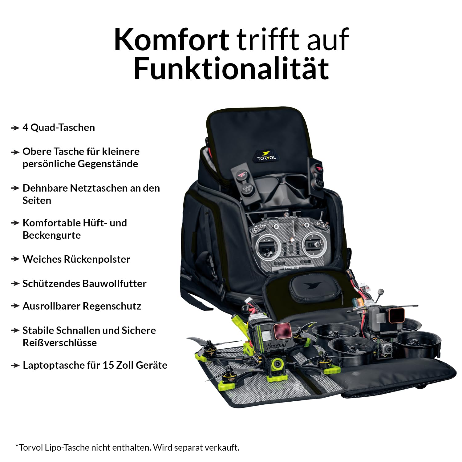 Torvol - Quad PITSTOP Backpack Pro V2, 30 l, Rucksack Drohne Fpv, Transport 4 Quads + Zubehör, Drohne dji Mini 4k, Akku dji mini 3, Laptop 15 Zoll, Schutzhülle, Schwarz & Violett