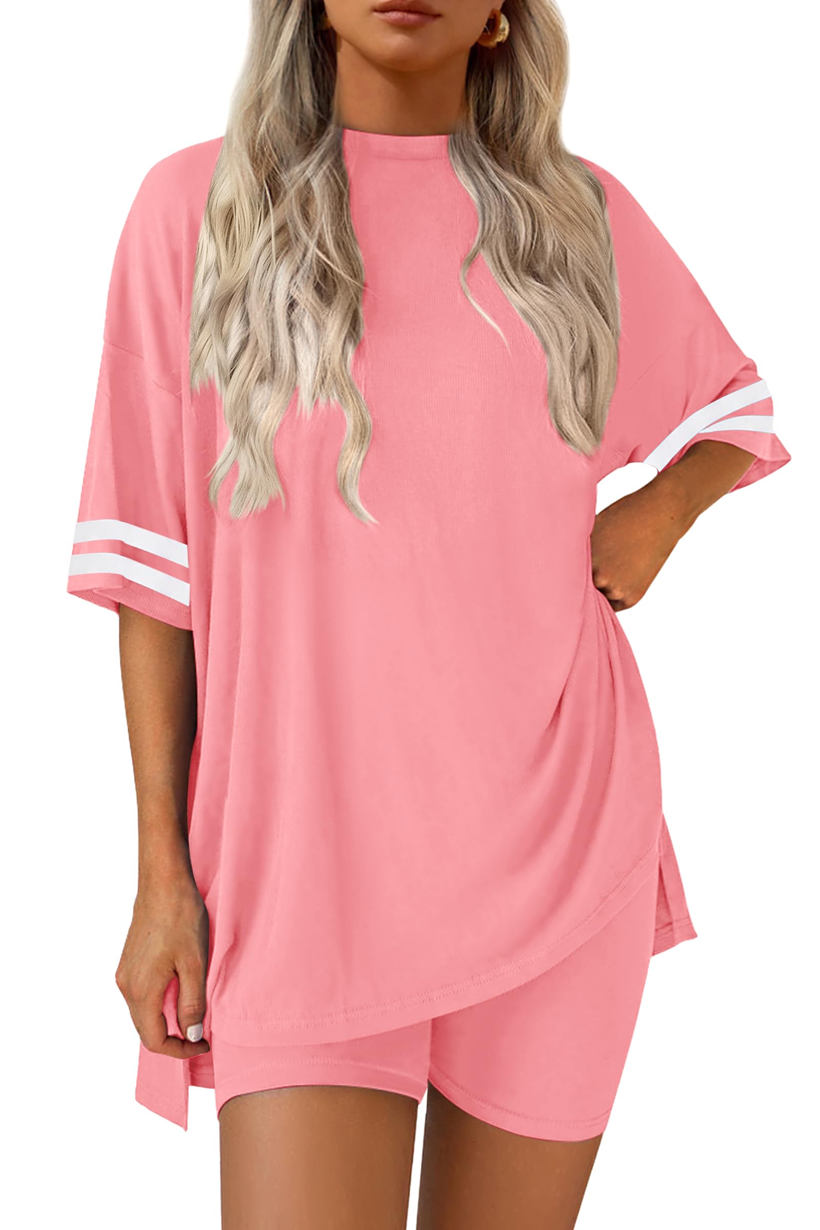 Ekouaer Womens Pajamas Casual 2 Piece Short Sleeve Biker Shorts Lounge Set
