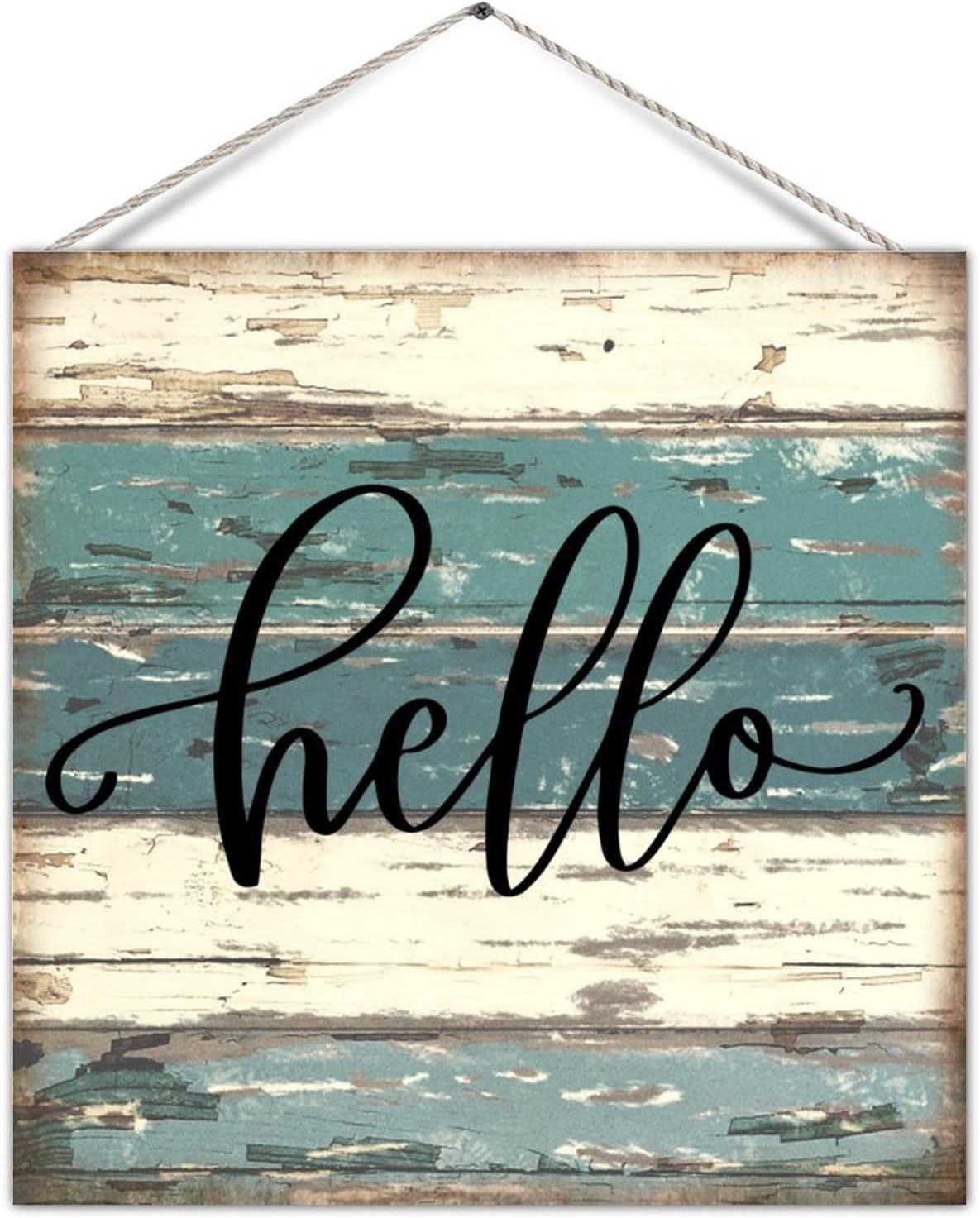 Decorative Wooden Sign Plaque Front Door Welcome Sign Hello Rustic Wood Plank Board Wall Pediment Country Farmhouse Wall Decorations for Yard Porch Rustic Farmhouse Decorations 12x12in