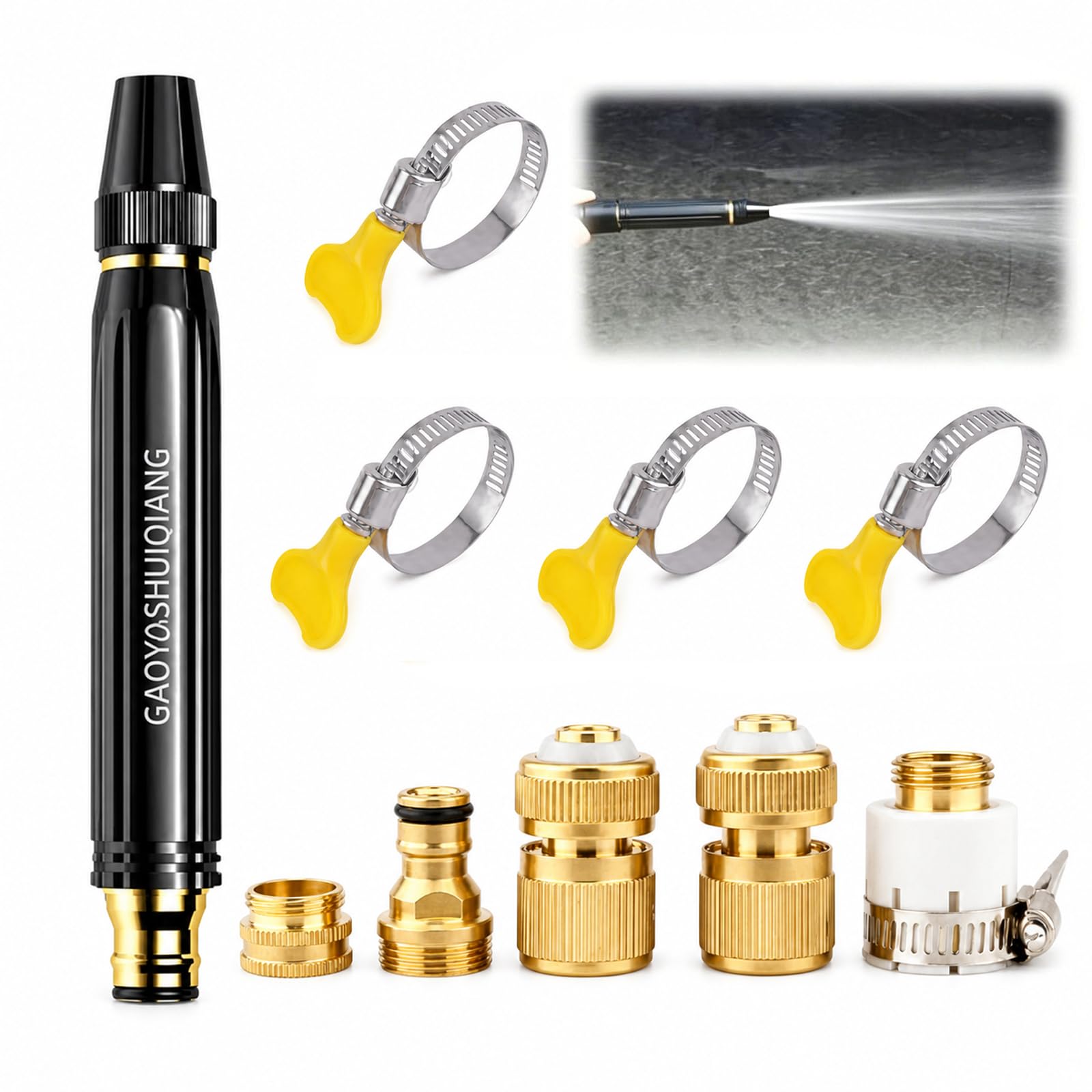 High Pressure Hose Nozzle Powerful High Pressure Sprayer, 10 Pieces Metal Water Jet Gun with 5 Hose Connectors and 4 Clamps for Car Wash, Garden Watering, Patio and Outdoor Cleaning