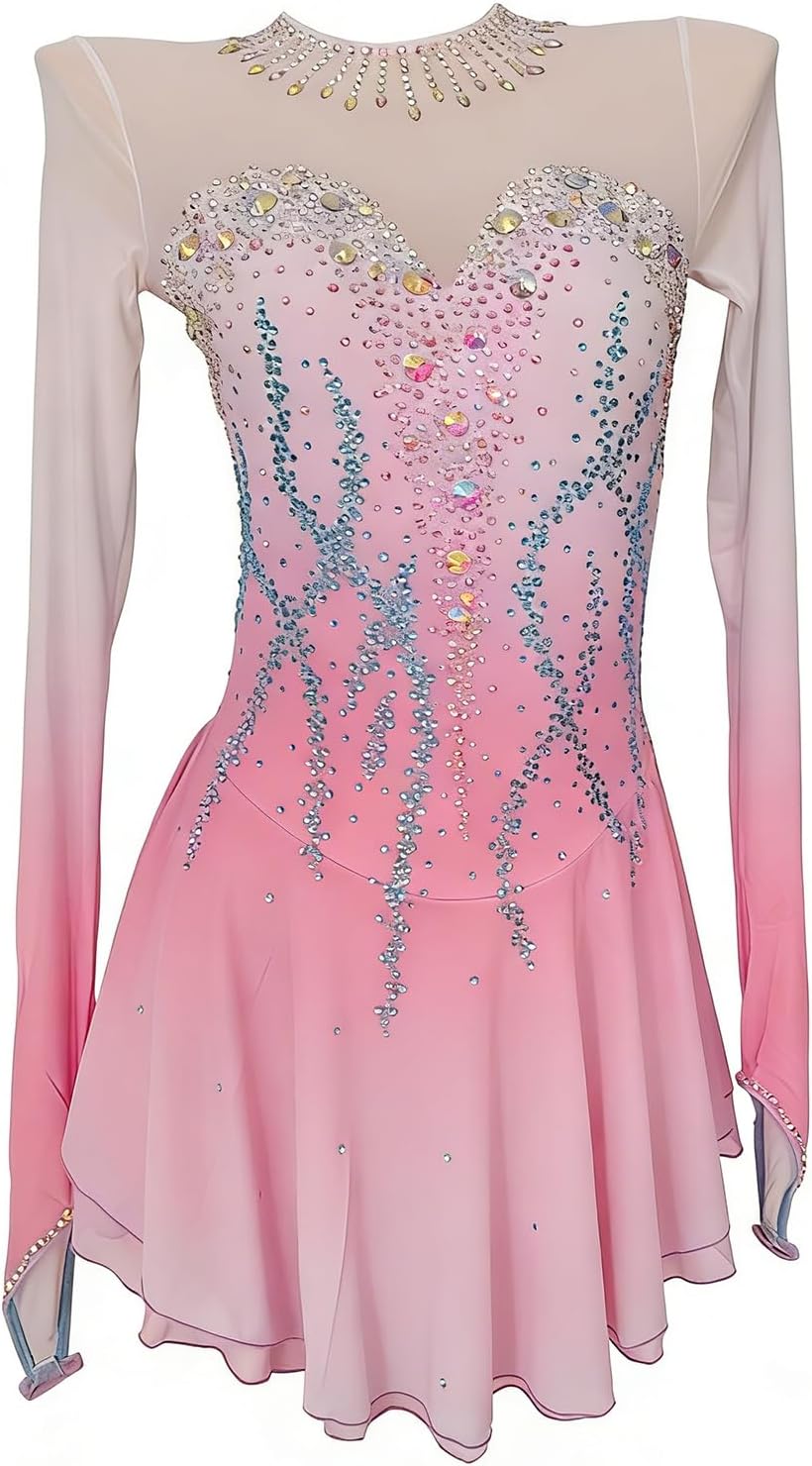 LIUHUO Ice Figure Skating Dress Women Girls Long Sleeves Competition Performance Diamond