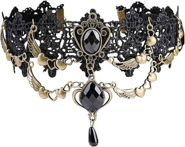 Lace Choker Necklace Gothic Pendant Punk Lace Necklace Vampire Choker with Teardrop Pendant for Women Girls Cosplay Party