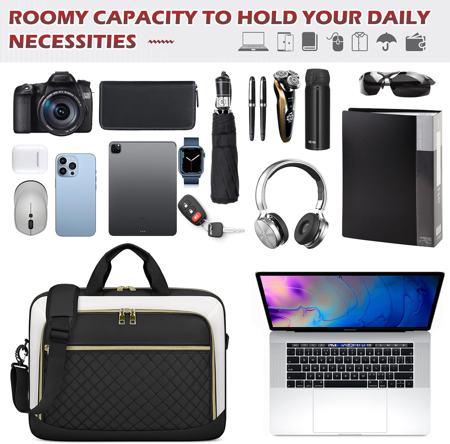 NEWHEY Laptop Bag 17.3 Inch Laptop Briefcase for Women Men Waterproof Shoulder Messenger Bag Large Computer Bag for Business Office Work College, Black&Beige - Image 7