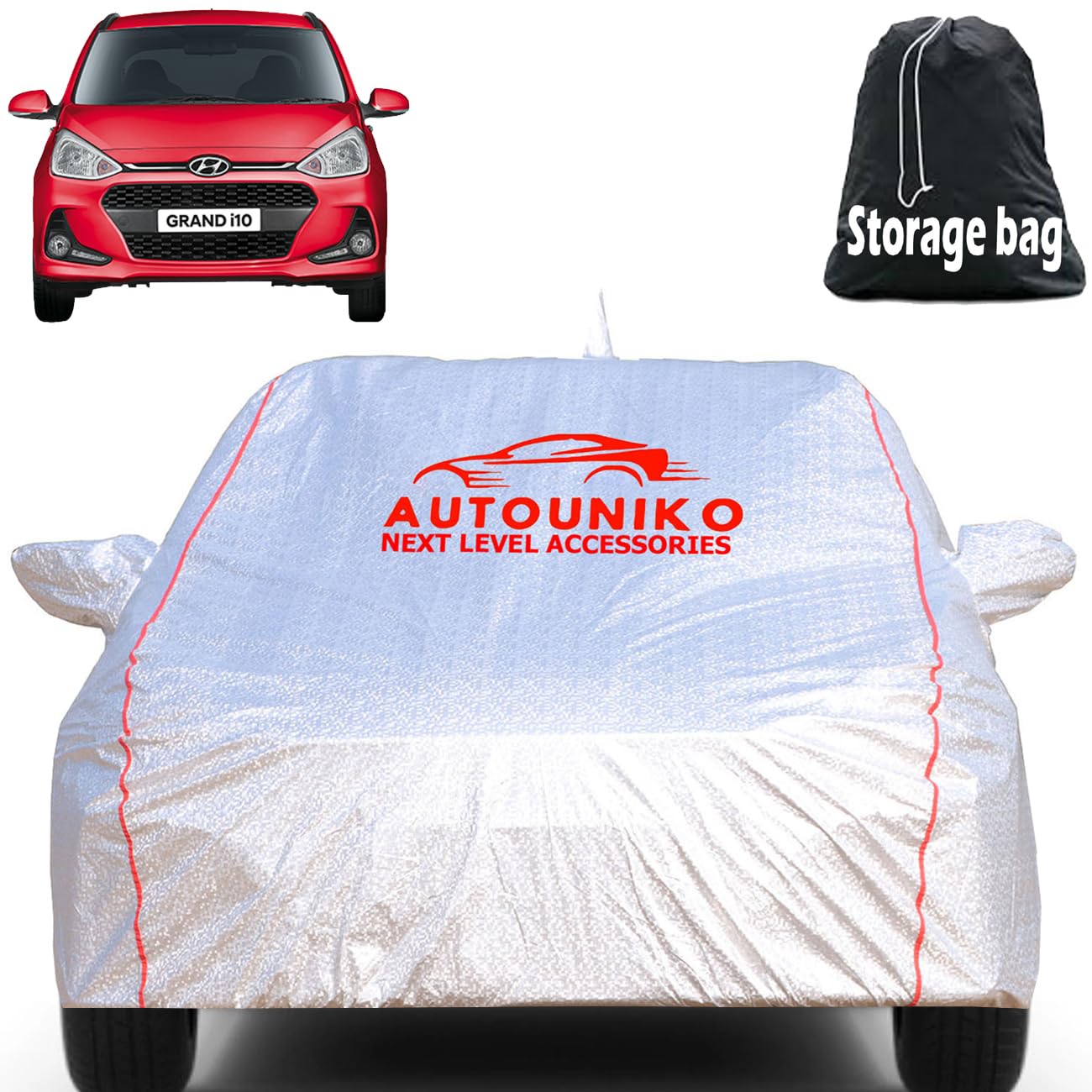 100% Waterproof Car Body Cover for Hyundai Grand I10 with Mirror and Antenna Pocket and Soft Cotton Lining (Full Bottom Elastic Triple Stitched) (Grey with Red Piping) (Army)-image-25