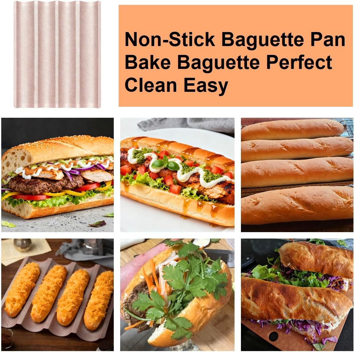 Perforated Baguette Pan, 15-Inch 4 Wave Loaves Non-Stick Ultra-Ventilate French Bread, Hot Dog Buns, Sourdough, Italian Bread Tray 2.8-Inch Channel for Oven Baking 14.8" x 14.2" - Champagne Gold