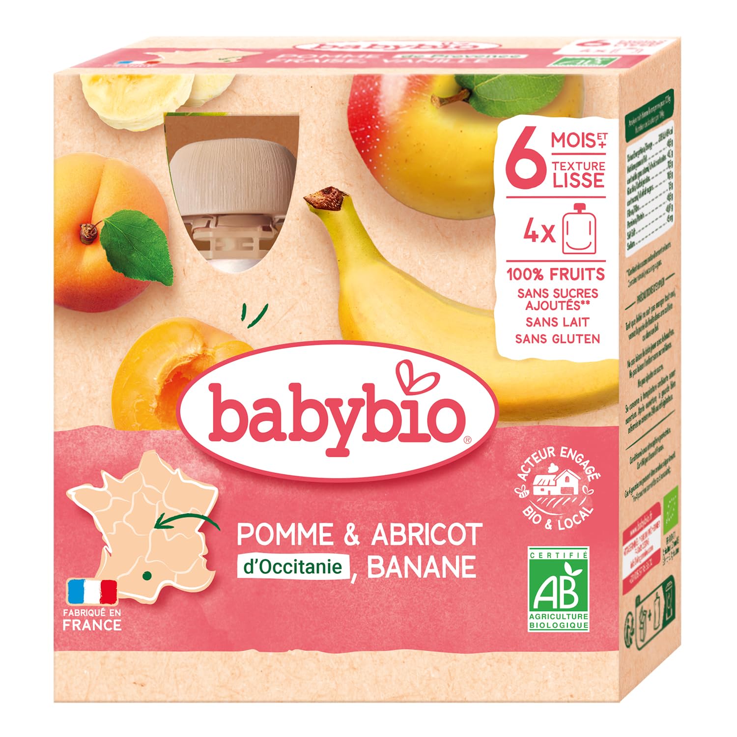 Babybio Gourdes Fruits Pomme Abricot d'Occitanie Banane 4x90 g 6+ Mois BIO