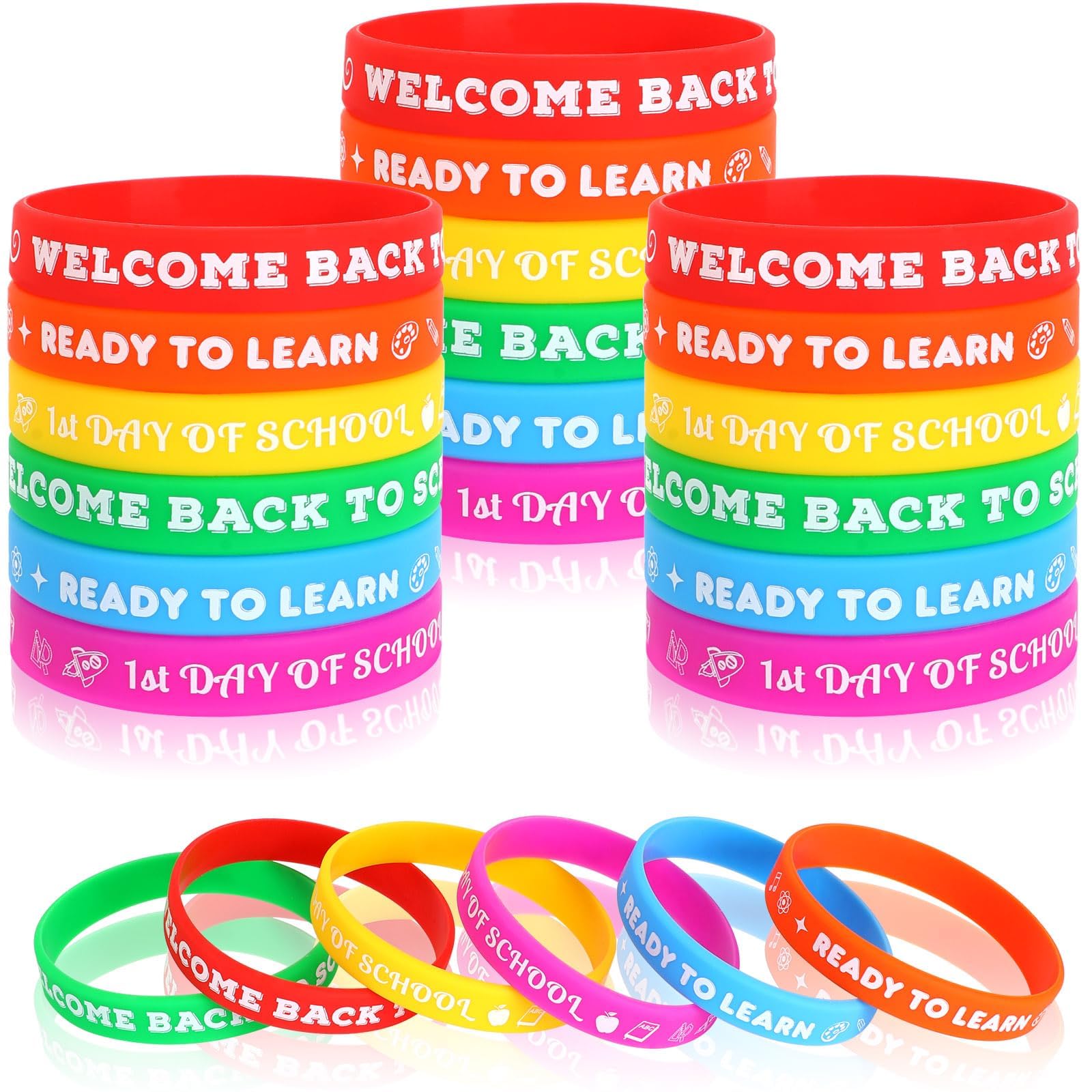 JUNEBRUSHS 42pcs Back to School Party Favors Silicone Bracelets First Day of School Gifts Prize Rubber Wristbands Supplies for School Decorations