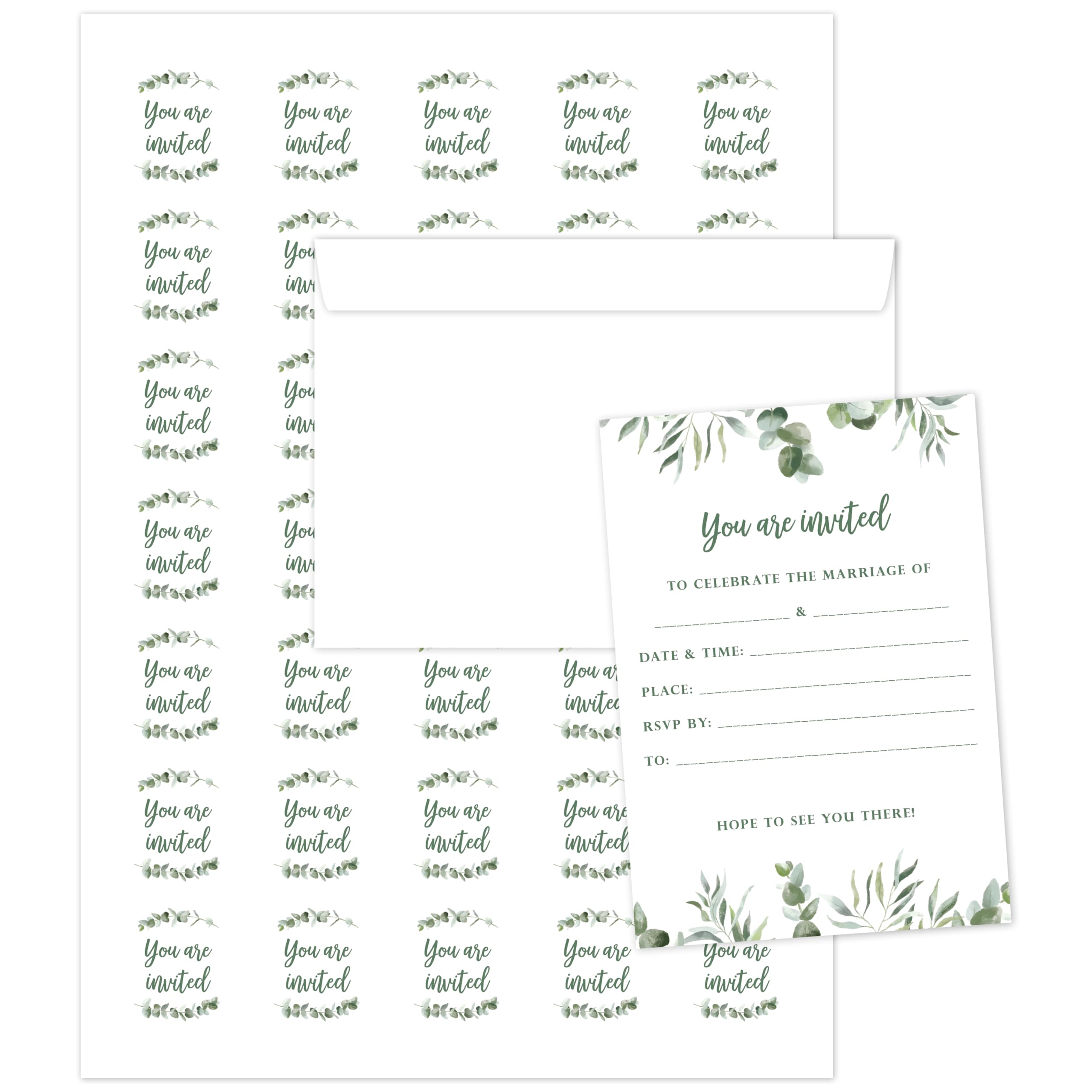 Manta Makes wedding invitations with envelopes, classic simple and elegant wedding invites with envelopes and stickers, wedding invitation cards (Eucalyptus 50 pack)