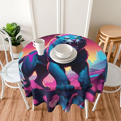 Miniatura 7 de Synthwave Sabertooth Pattern Round Decorative Tablecloth 60 in can be Washed and reused for Round Dining Table