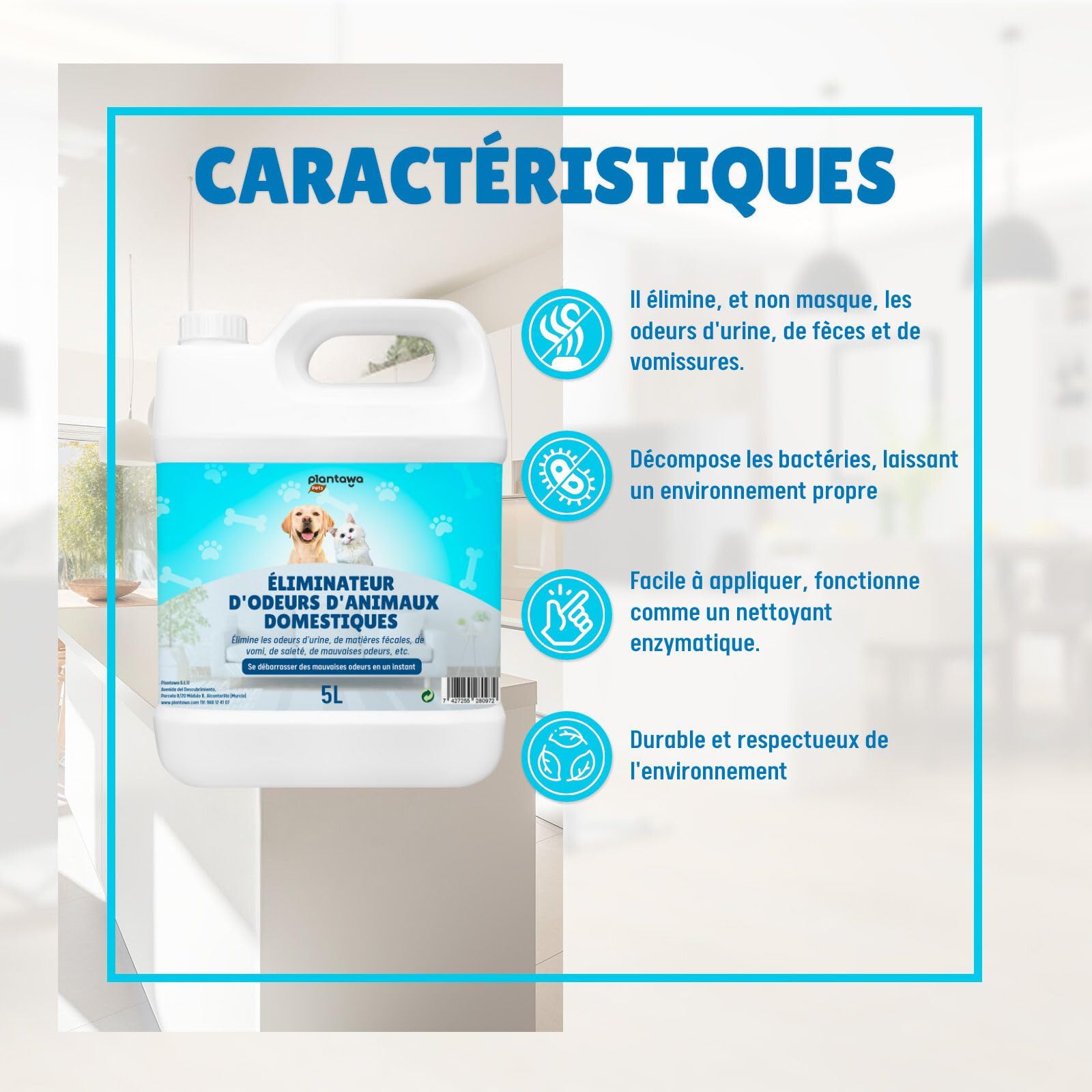 PLANTAWA Éliminateur instantané d'odeurs d'animaux domestiques 5l. Neutraliseur Enzymatique Odeurs Urine Fèces Vomissements. Intérieur et extérieur, Patio Jardin. Anti Odeur Urine Chiens Chats.