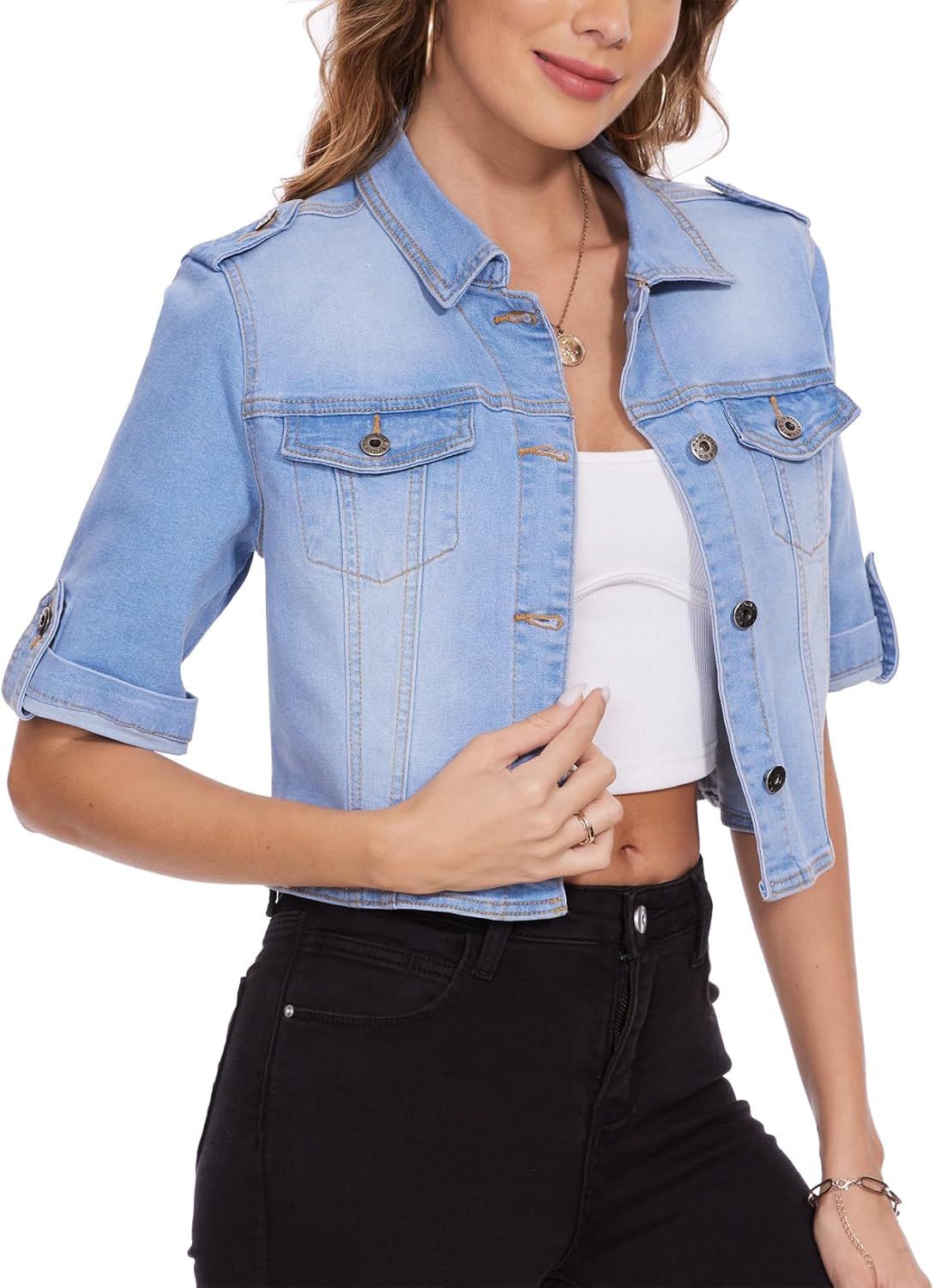MISS MOLY Women's Jean Jackets Stretch Cropped Half Sleeve Classic Denim Jackets Causal Summer Outerwear - Image 3