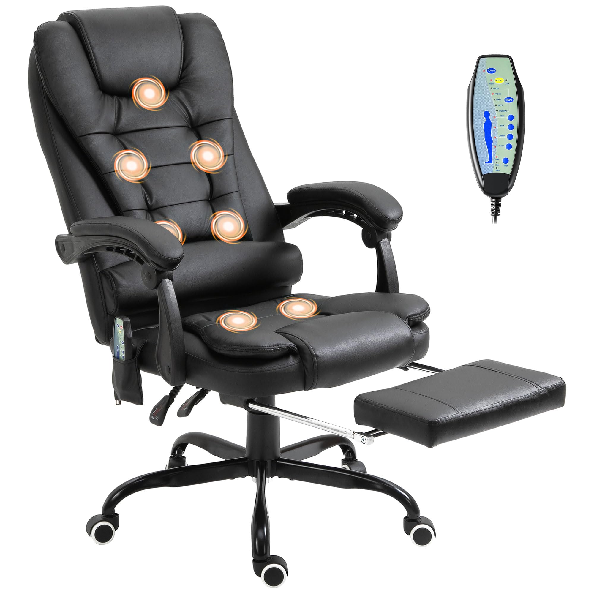 Vinsetto Sedia Ergonomica da Ufficio con 7 Punti Massaggianti e Poggiapiedi, Sedia da Scrivania Reclinabile in Pelle PU con Braccioli Imbottiti, Altezza Regolabile e Ruote Girevole, per Studio, Nero