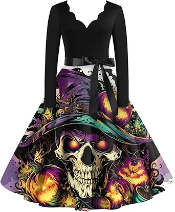 OIOLOYJM Sexy Plus Size Halloween Costumes Woman 2025 Long Sleeve V Neck Printed Gothic Retro Formal Party Dresses for Women