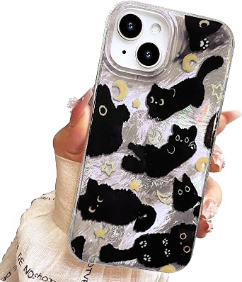 Compact Case for iPhone 15 Black cat-Silver Design,Cute Trendy Soft Slim TPU Shockproof Protective Bumper Phone Cases Cover for Women Girls Aesthetic Glitter Shiny Adorable