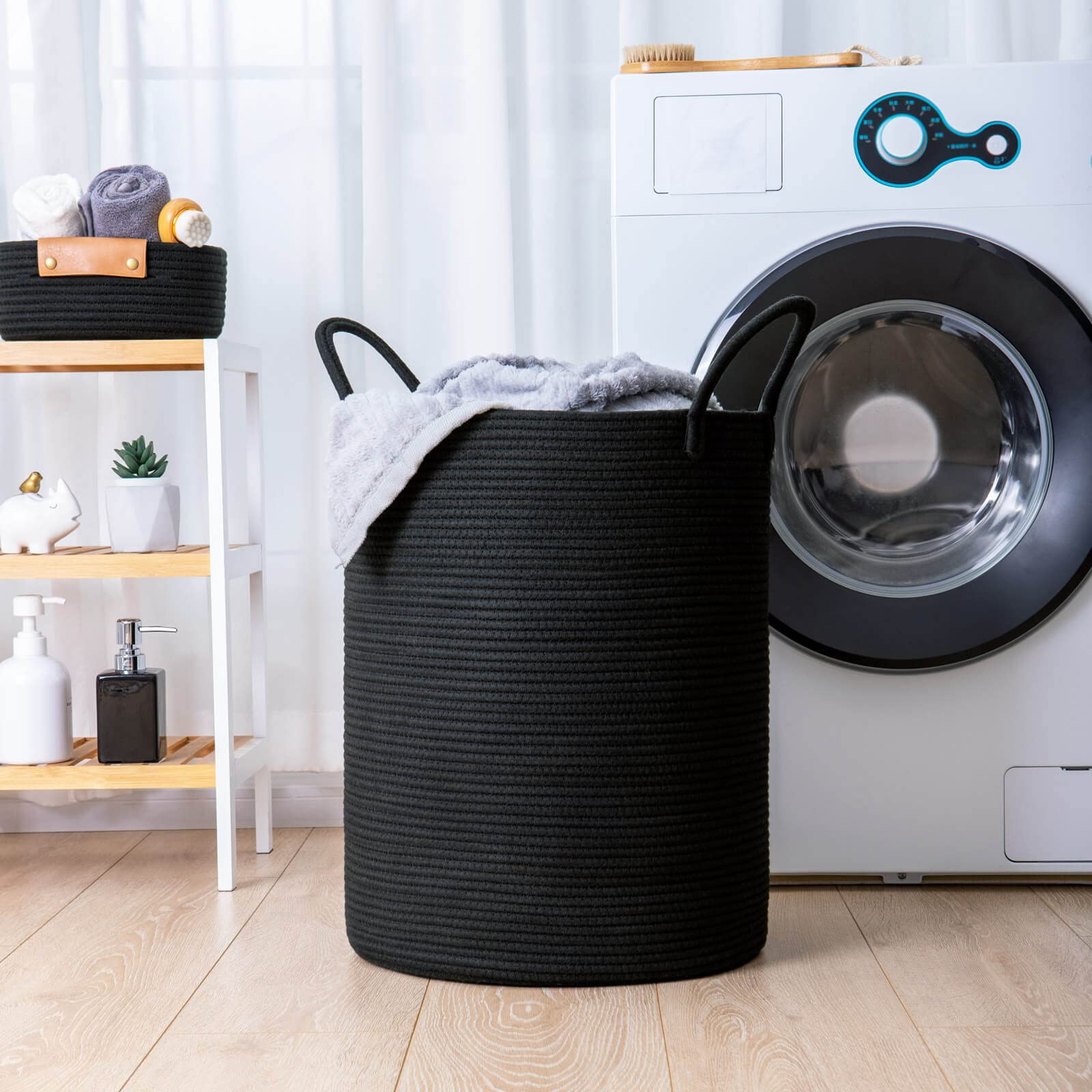 TIMEYARD Wäschekorb Groß, Laundry Basket, Aufbewahrungskorb mit Henkel Kinderzimmer Seil Baumwollkorb Handtuchkorb für Badezimmer Wohnzimmer, Korb für Decken Baby Spielzeug, 38x50cm, Schwarz