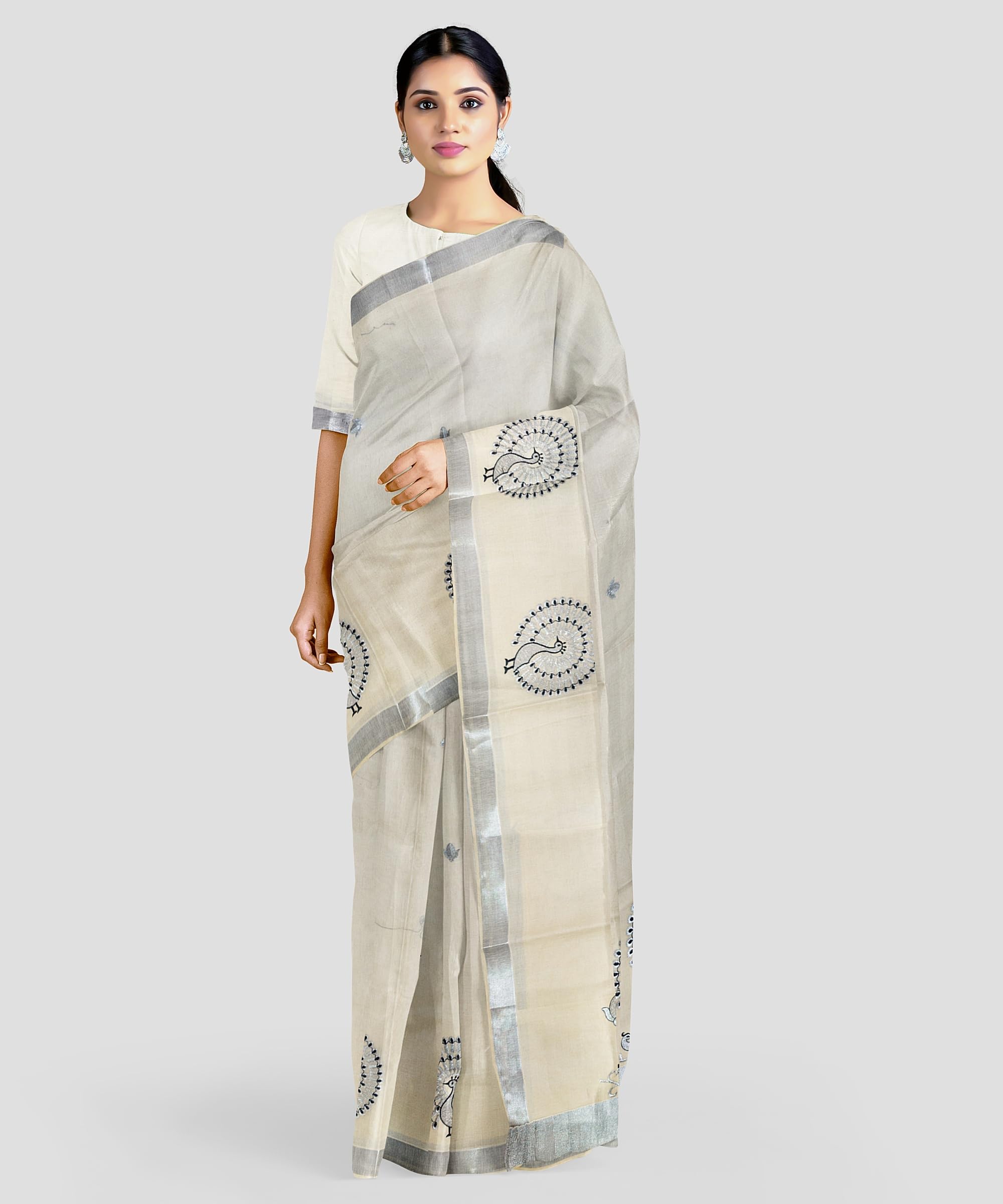 Kasavu Kerala Cotton Saree With Full Embroidering/Pure Cotton (peacock black)-image-37