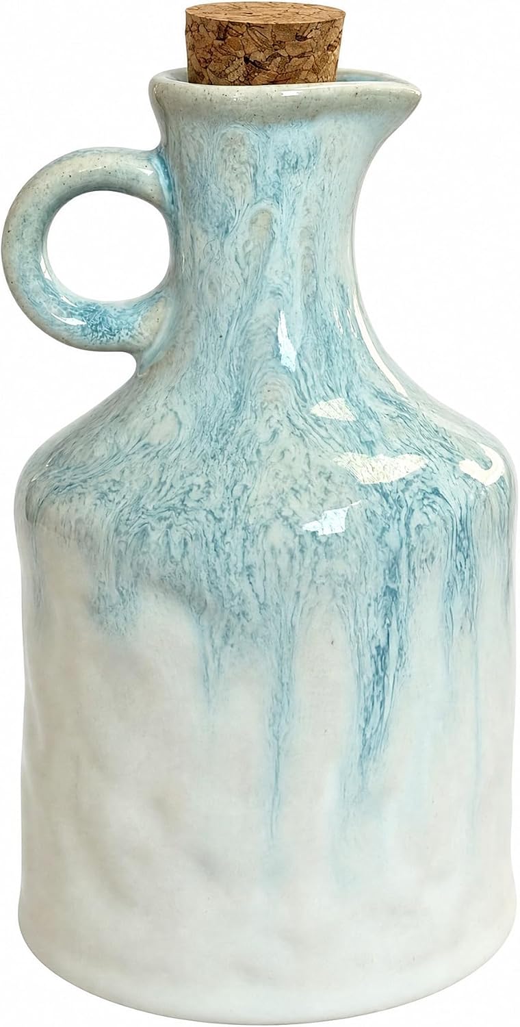 Green Ceramic Olive Oil Dispenser Bottle with Cork Stopper 13.5Oz