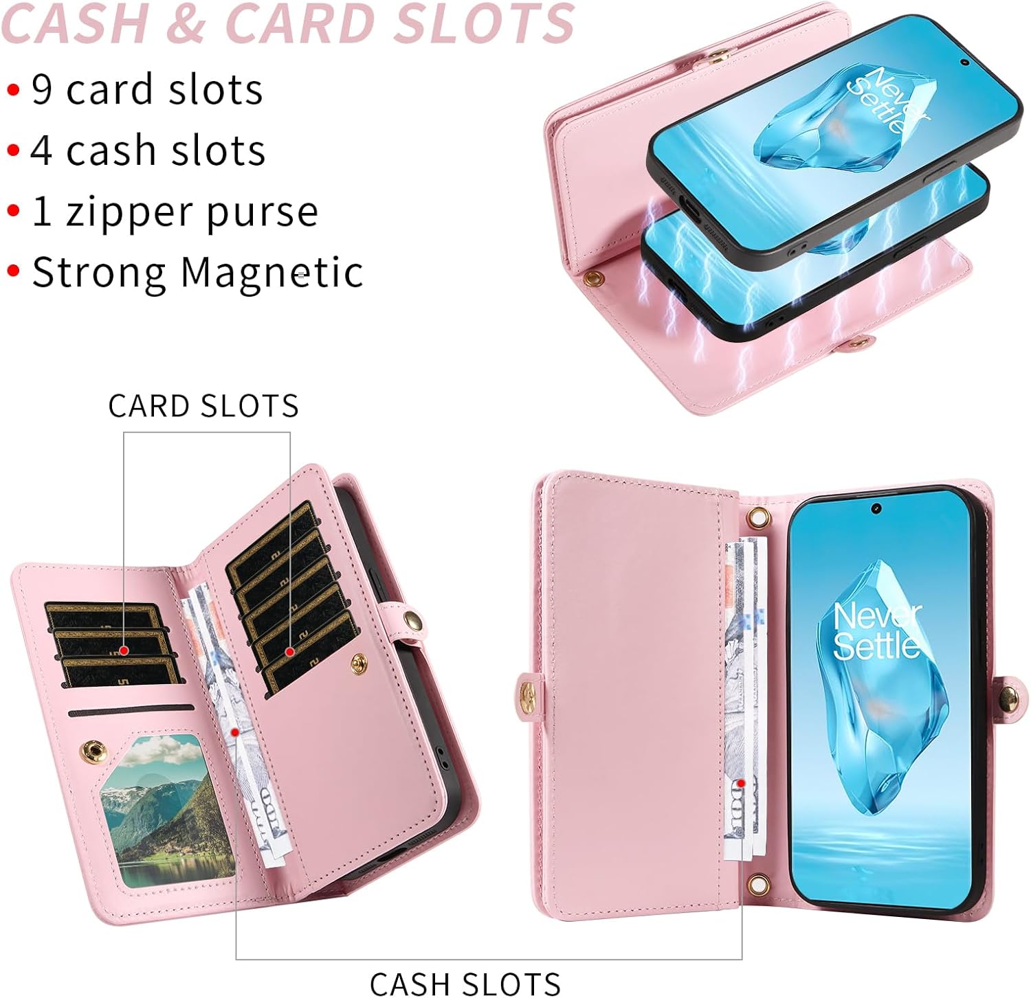 Asuwish Phone Case for OnePlus 12R 5G/Ace 3 2024 Zipper Wallet Detachable Cell Cover with Tempered Glass Screen Protector Crossbody Strap Bling Flip Credit Card Holder One+ 12 R R12 Ace3 Women Pink