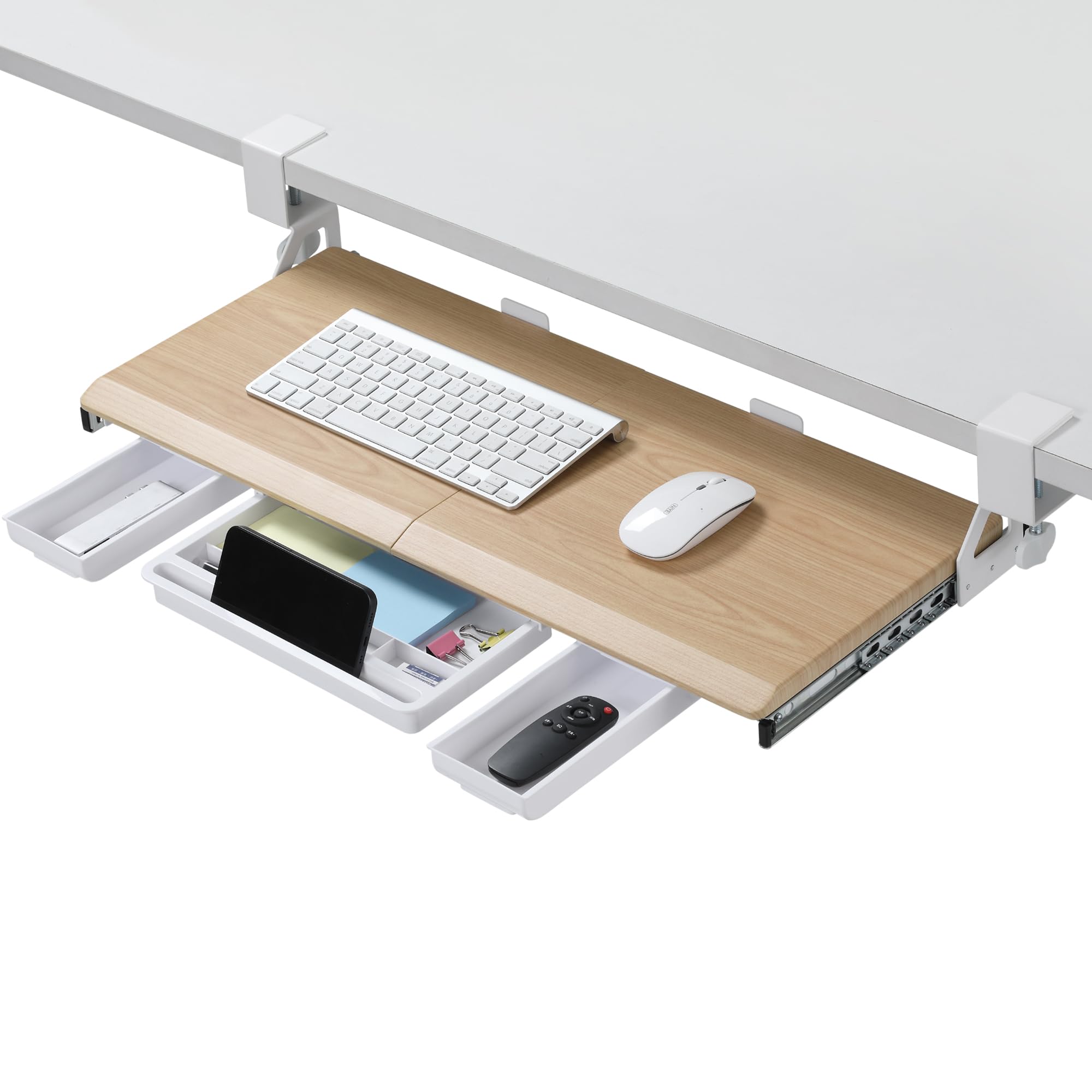 ETHU Under Desk Keyboard Tray with with Storage Drawers, 68x30cm Keyboard Drawer with C-Clamp, Retractable Keyboard Shelf Slide Under Desk for Home & Office, Oak