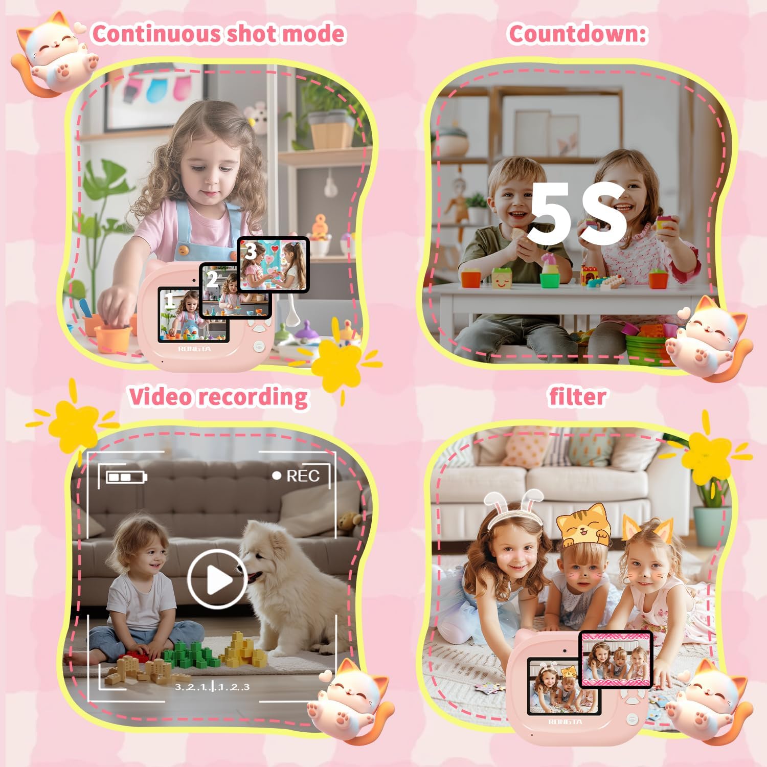 Rongta Kids Camera Instant Print, 1080P Kids Instant Cameras That Print Photos, Christmas Birthday Gifts for Girls Age 3-12, Video Camera Portable Toy for 3 4 5 6 7 8 9 10 Year Old Kids Girls(Pink) - Image 5