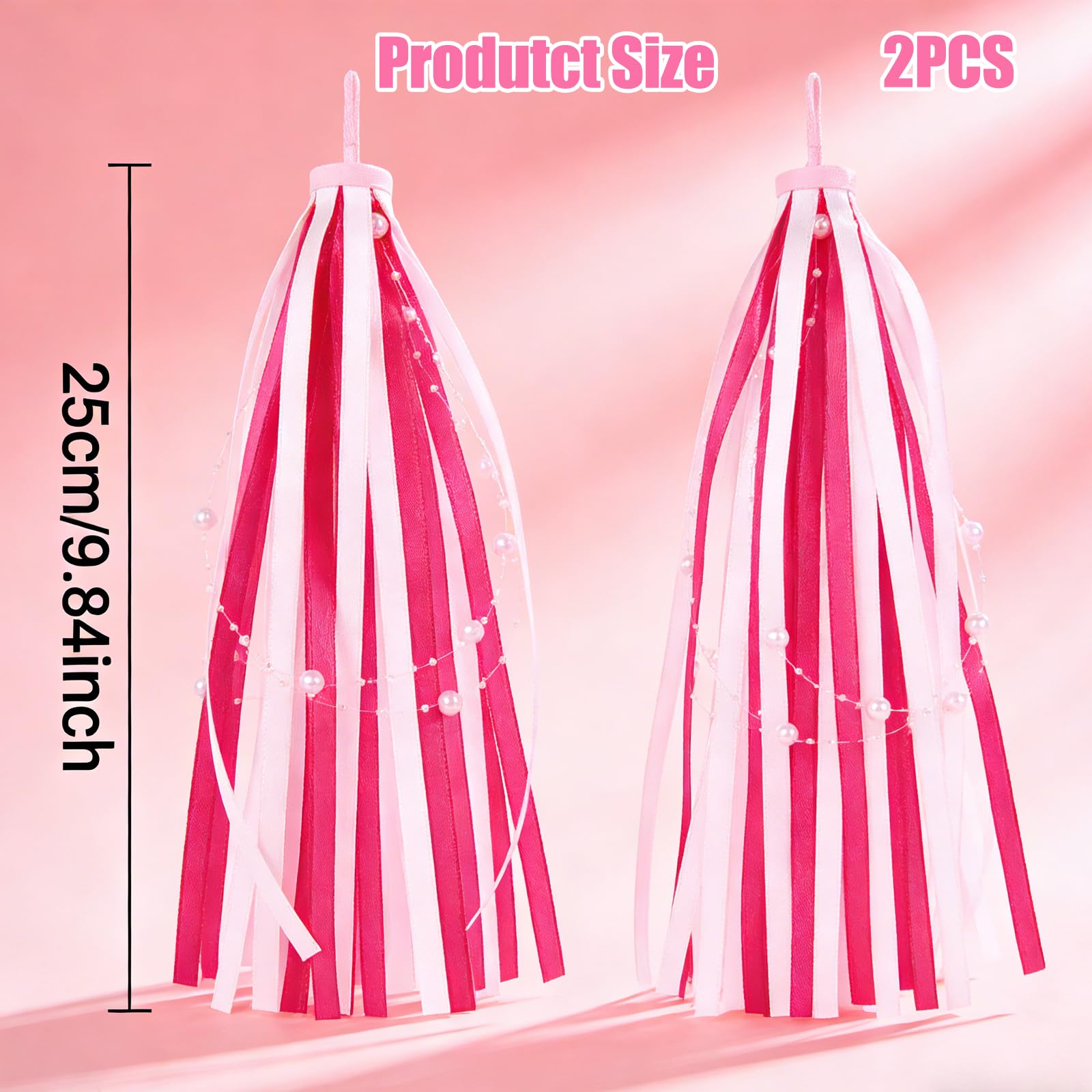 Guidon Streamers Rubans Satiné Magenta Perlé Accessoire Velo Enfant