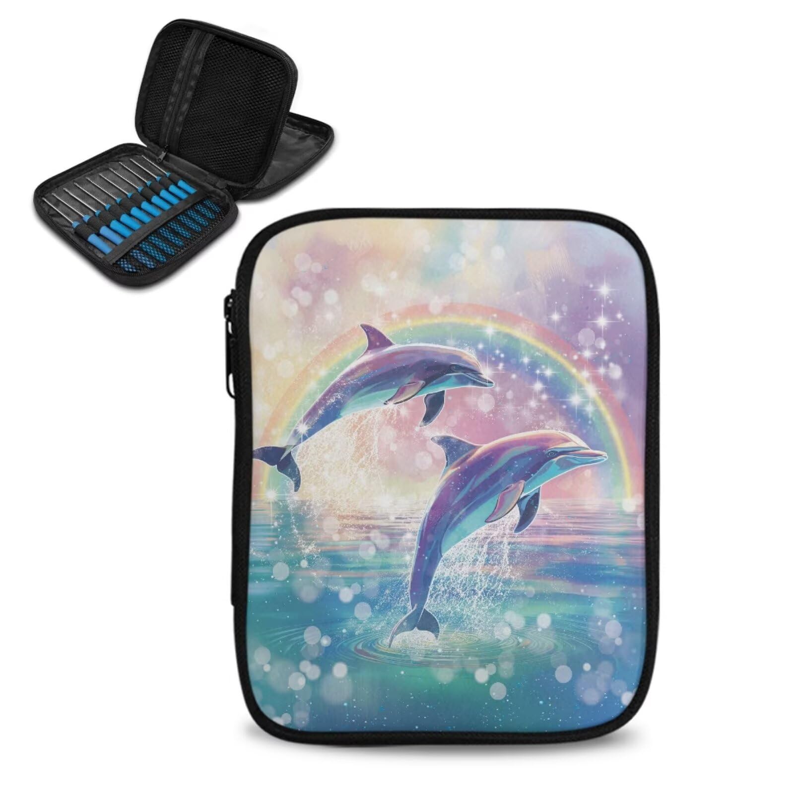 Dolphin Crochet Hook Case Rainbow Knitting Needle Storage with Web Pockets for Holiday Hand Washable Parents Gifts Holiday