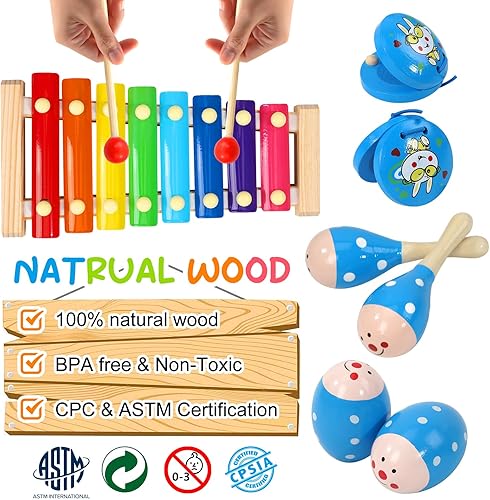 Miniatura 3 de Raimy Juego de instrumentos musicales para niños, instrumentos de percusión de madera para bebés, juguetes educativos de música preescolar para