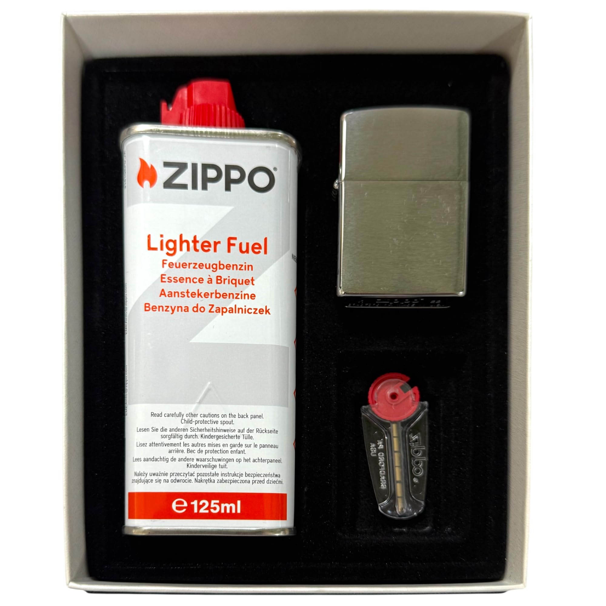Zippo Zestaw prezentowy zapalniczka ze stali chromowej z benzyną i krzesiwem