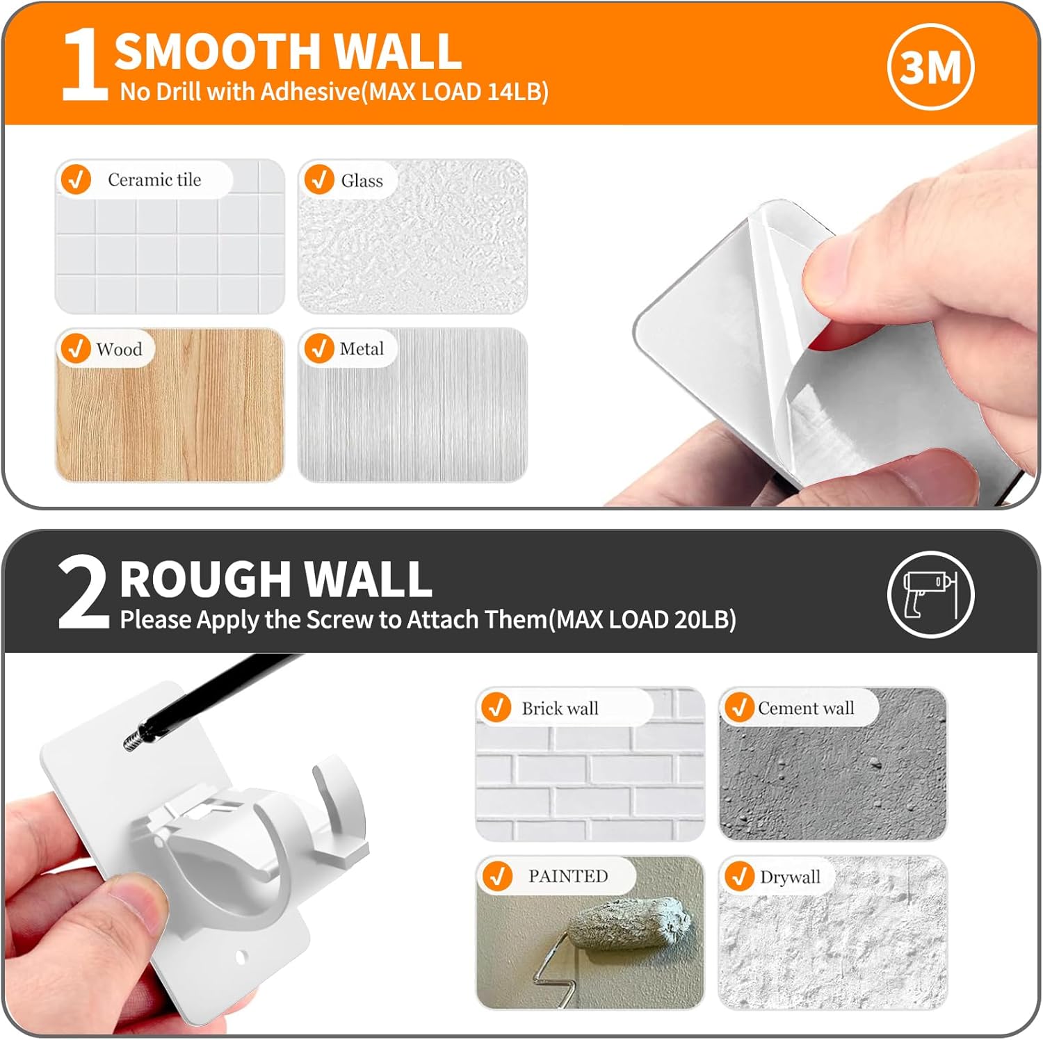 No Drill Curtain Rod Brackets, Heavy Duty Self Adhesive Curtain Rod Bracket, Universal Curtain Rod Holders, Nail Free Curtain Rod Hooks for Bathroom, Bedroom, Kitchen, and More (4 PC, White)